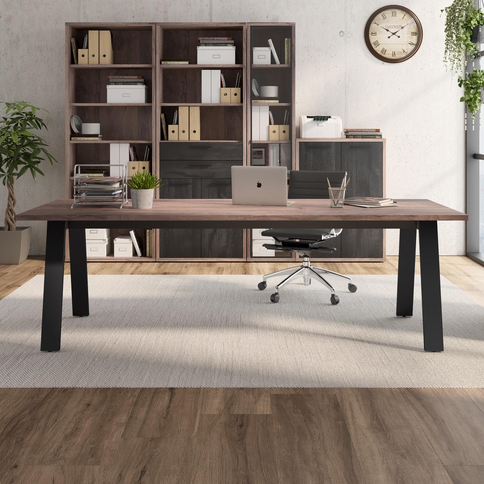 Scrivania 240x90 cm con top in legno noce e gambe in metallo nero - Historic brown