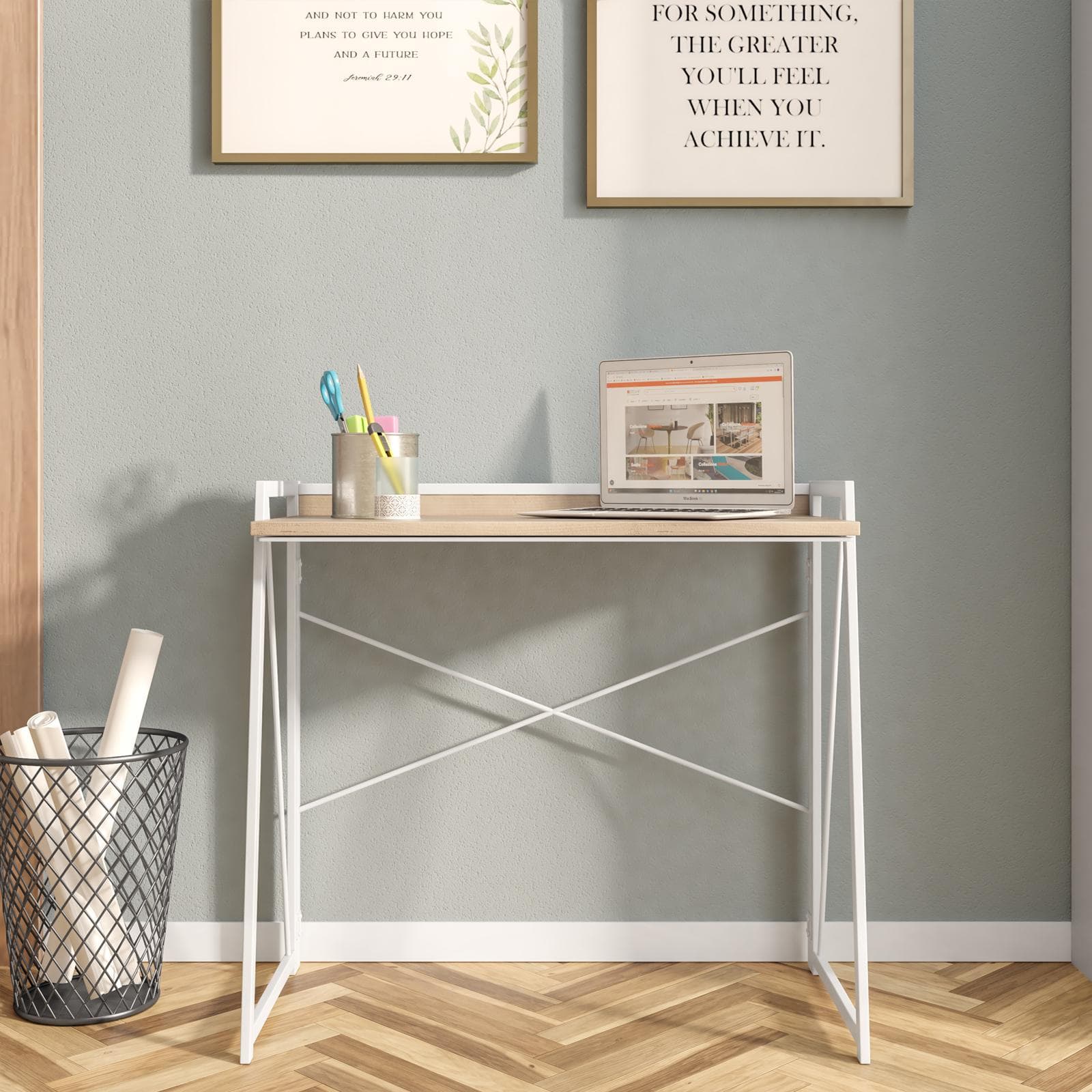 Scrivania 80x40 cm con top in legno rovere e struttura in acciaio bianco - Eleva