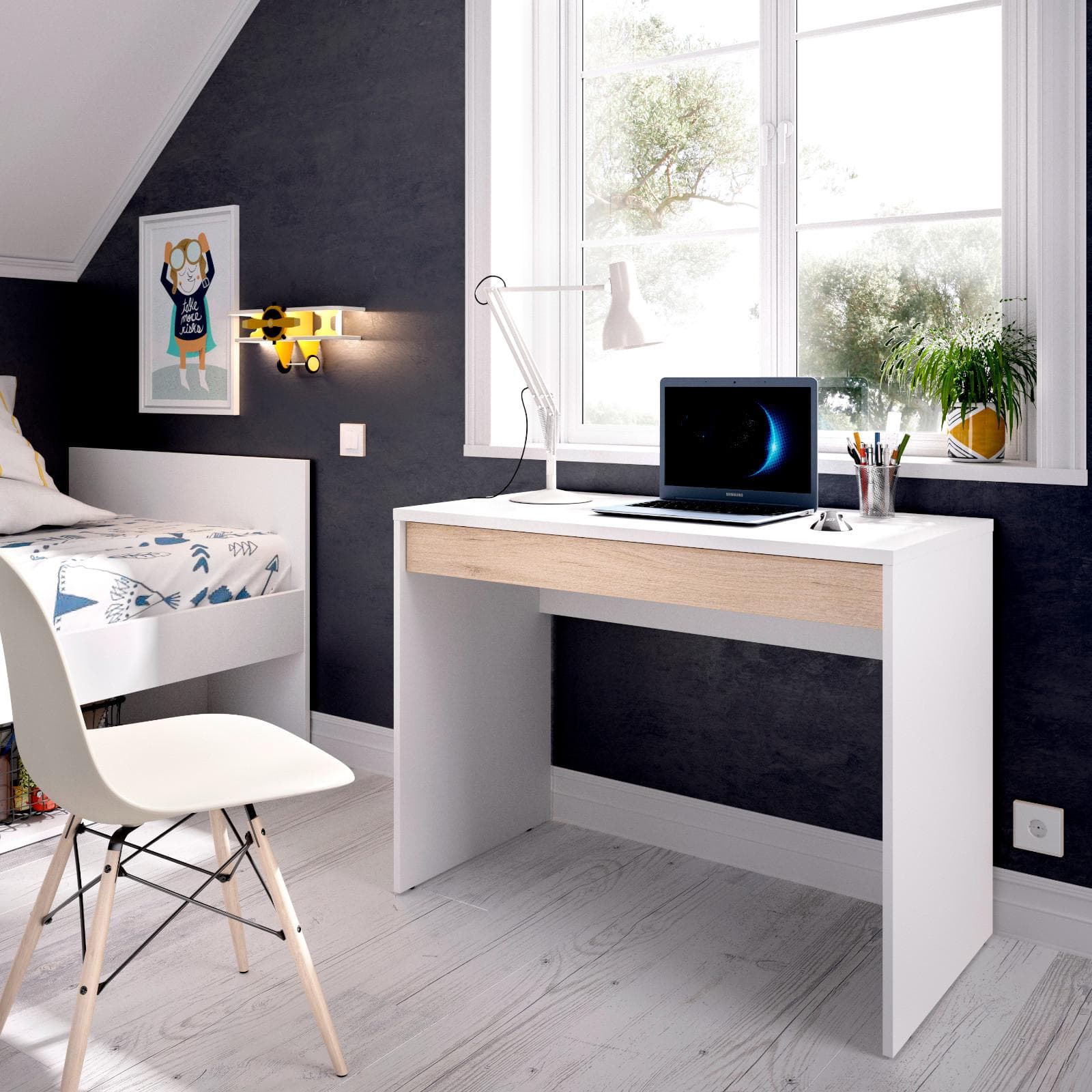 Scrivania 90x50 cm in legno bianco e cassetto in legno chiaro - Take