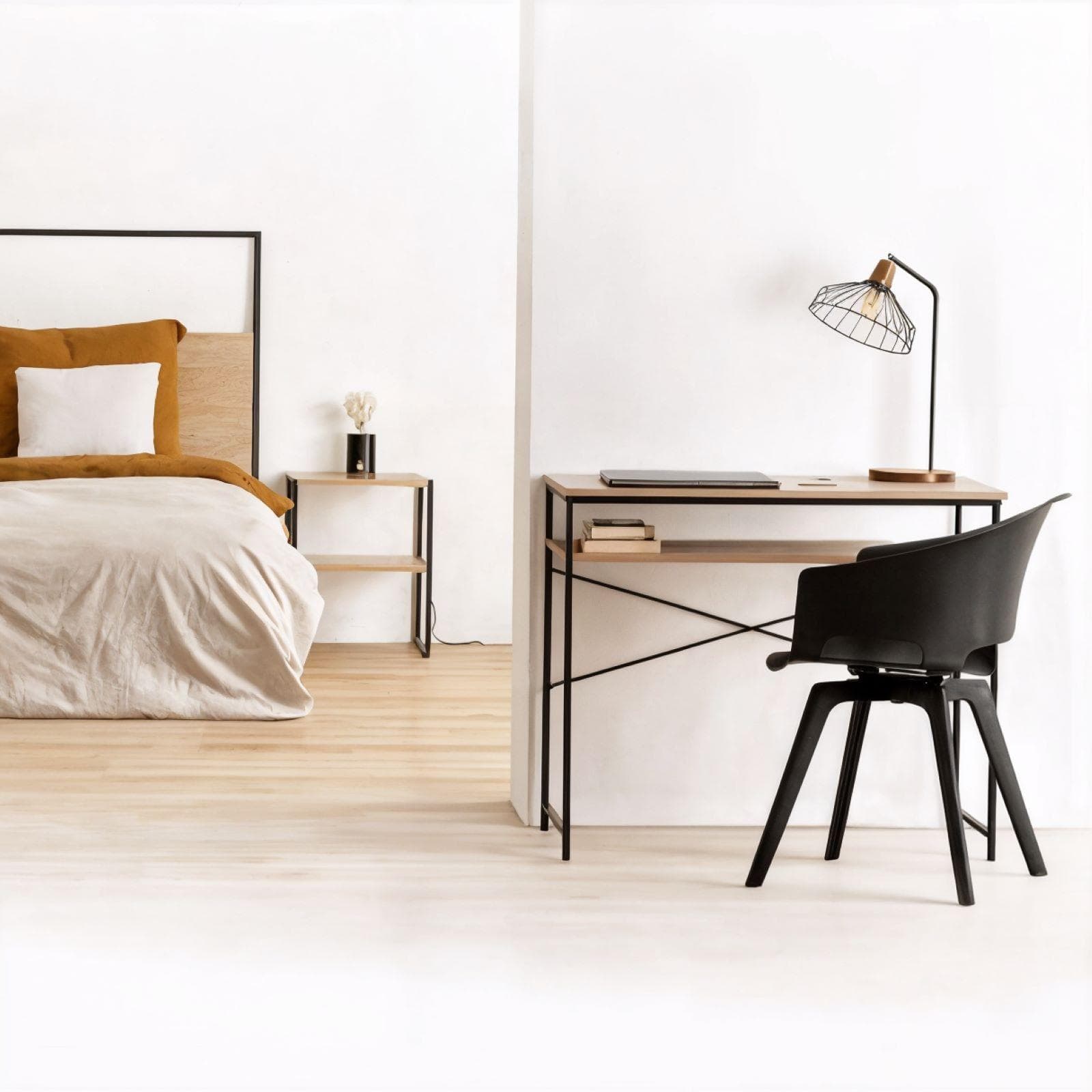 Scrivania 90x75h cm effetto rovere ed acciaio nero con ripiano - Emyl
