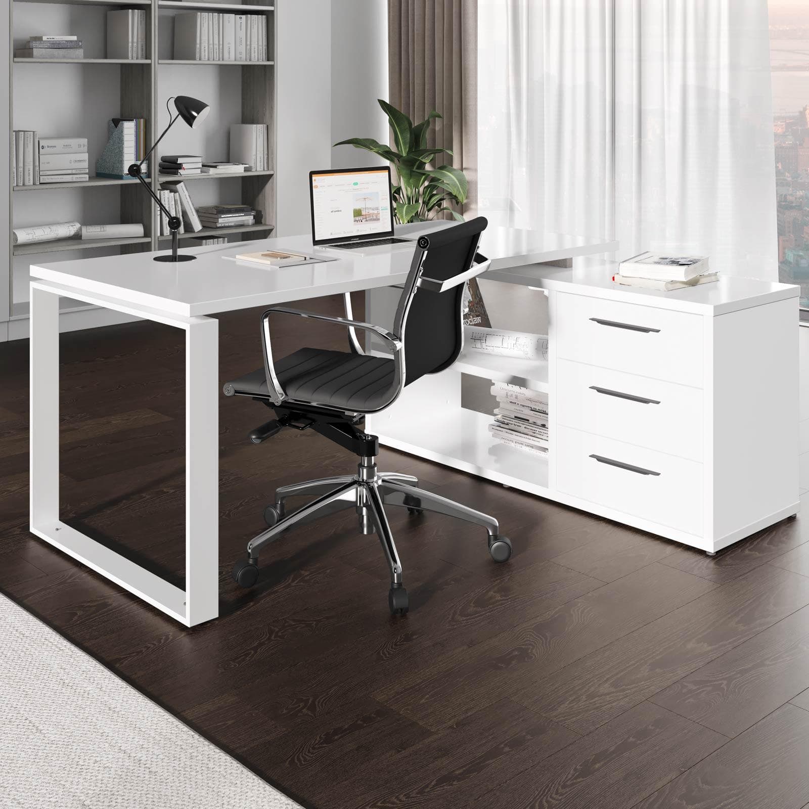 Scrivania angolare 170x140 cm top bianco lucido da 30 mm e cassettiera - Homely office