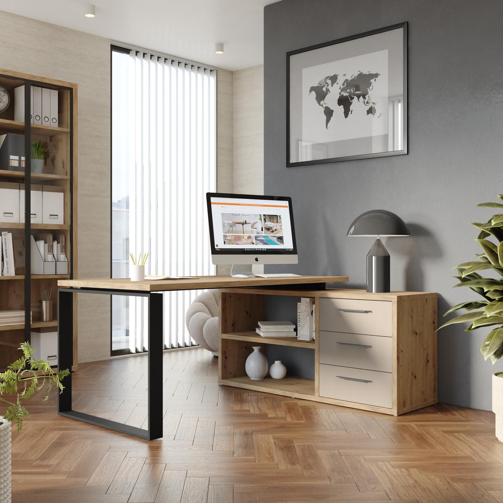 Scrivania angolare 170x140 cm top rovere artisan da 30 mm e cassettiera cashmere - Homely office
