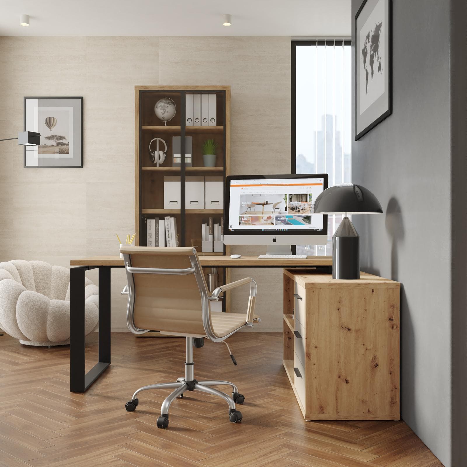 Scrivania angolare 170x140 cm top rovere artisan da 30 mm e cassettiera cashmere - Homely office