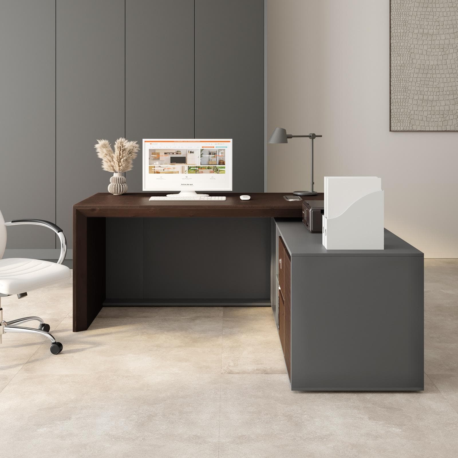 Scrivania angolare reversibile 180x180 cm in legno noce e grigio con foro passacavi ante e cassetti - Meva