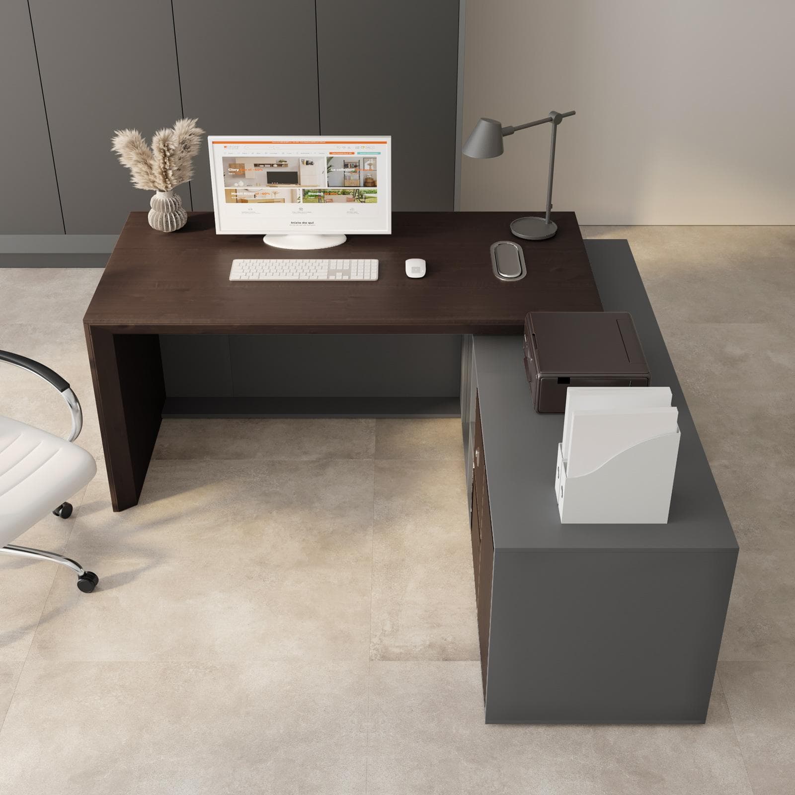 Scrivania angolare reversibile 180x180 cm in legno noce e grigio con foro passacavi ante e cassetti - Meva