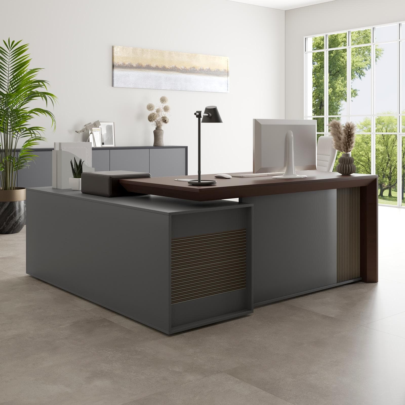Scrivania angolare reversibile 180x180 cm in legno noce e grigio con foro passacavi ante e cassetti - Meva