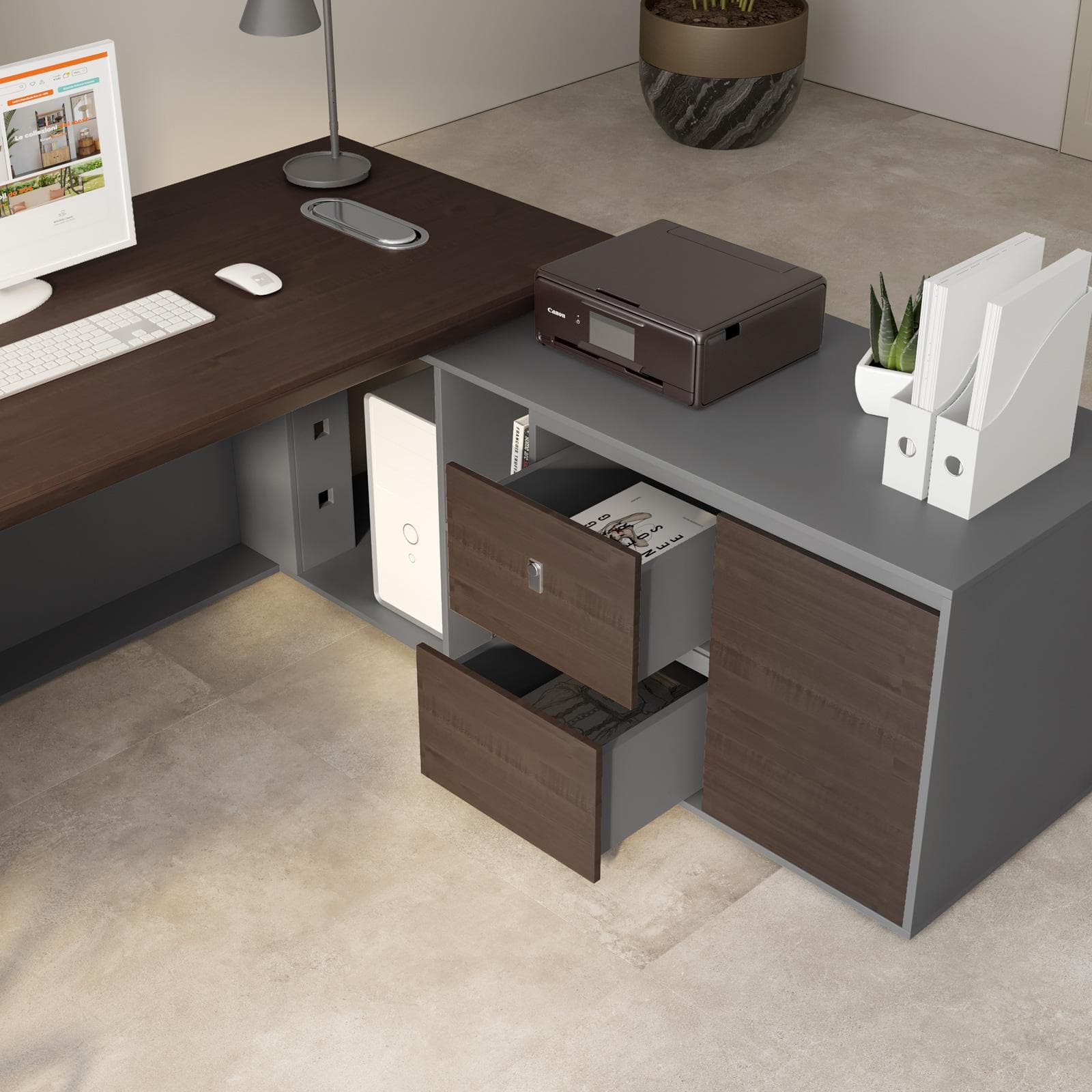 Scrivania angolare reversibile 180x180 cm in legno noce e grigio con foro passacavi ante e cassetti - Meva