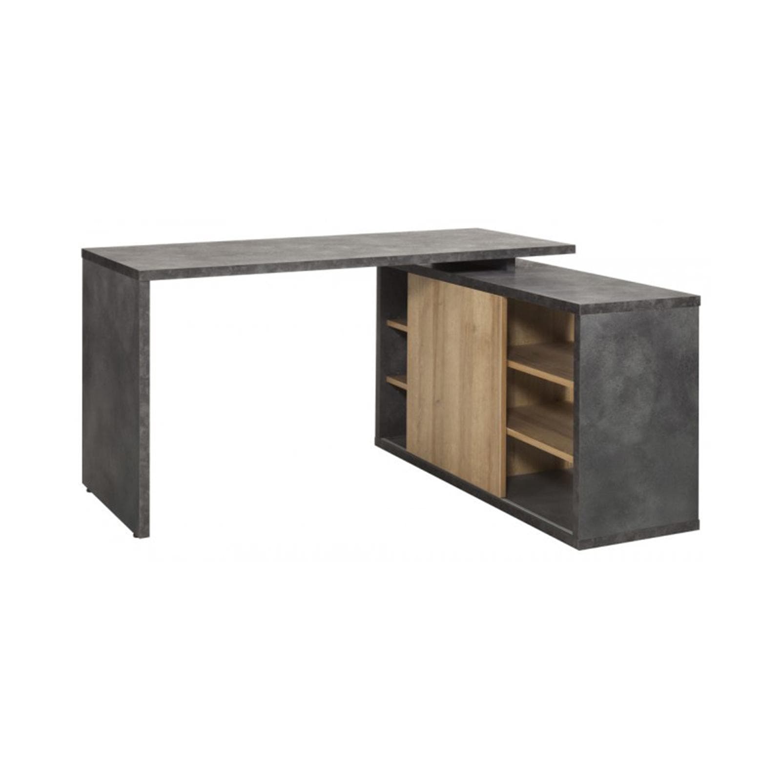 Scrivania reversibile 150x120 cm in legno grigio con mobile contenitore e anta scorrevole rovere - Wells