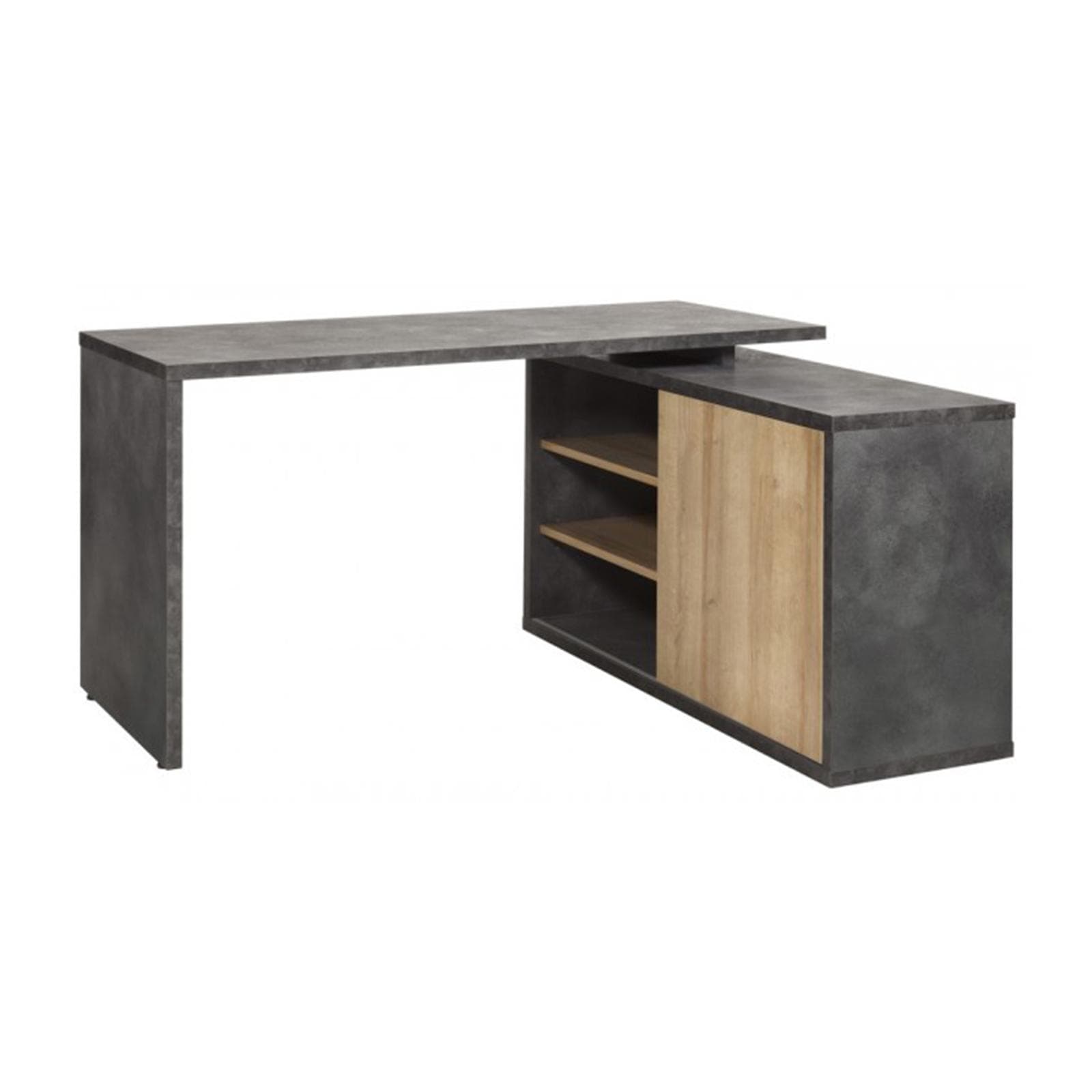 Scrivania reversibile 150x120 cm in legno grigio con mobile contenitore e anta scorrevole rovere - Wells
