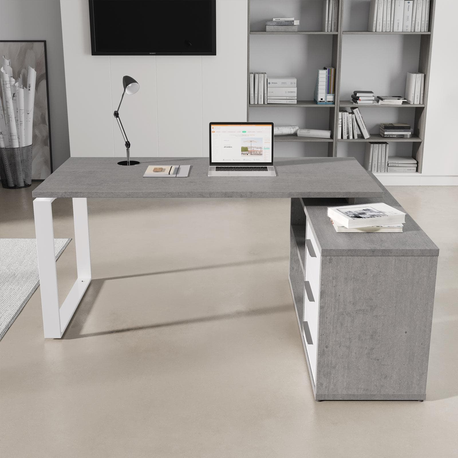 Scrivania angolare 170x140 cm top cemento da 30 mm e cassettiera bianco lucido - Homely office