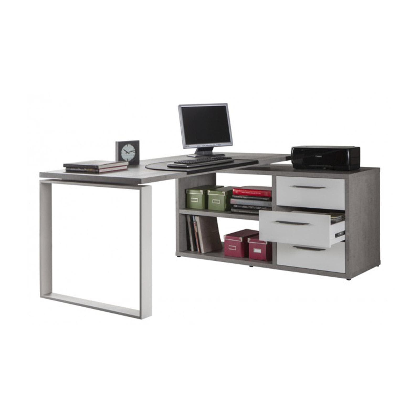 Scrivania angolare 170x140 cm top cemento da 30 mm e cassettiera bianco lucido - Homely office
