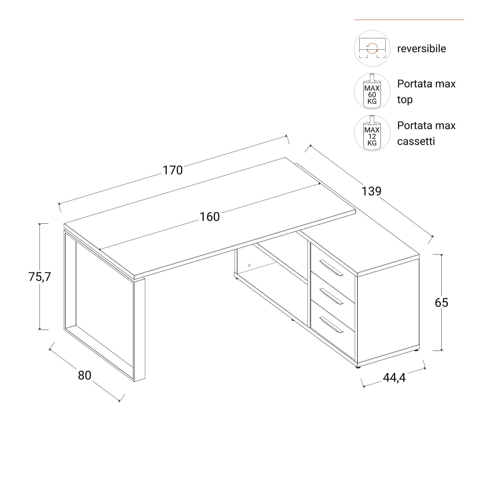 Scrivania angolare 170x140 cm top cemento da 30 mm e cassettiera bianco lucido - Homely office