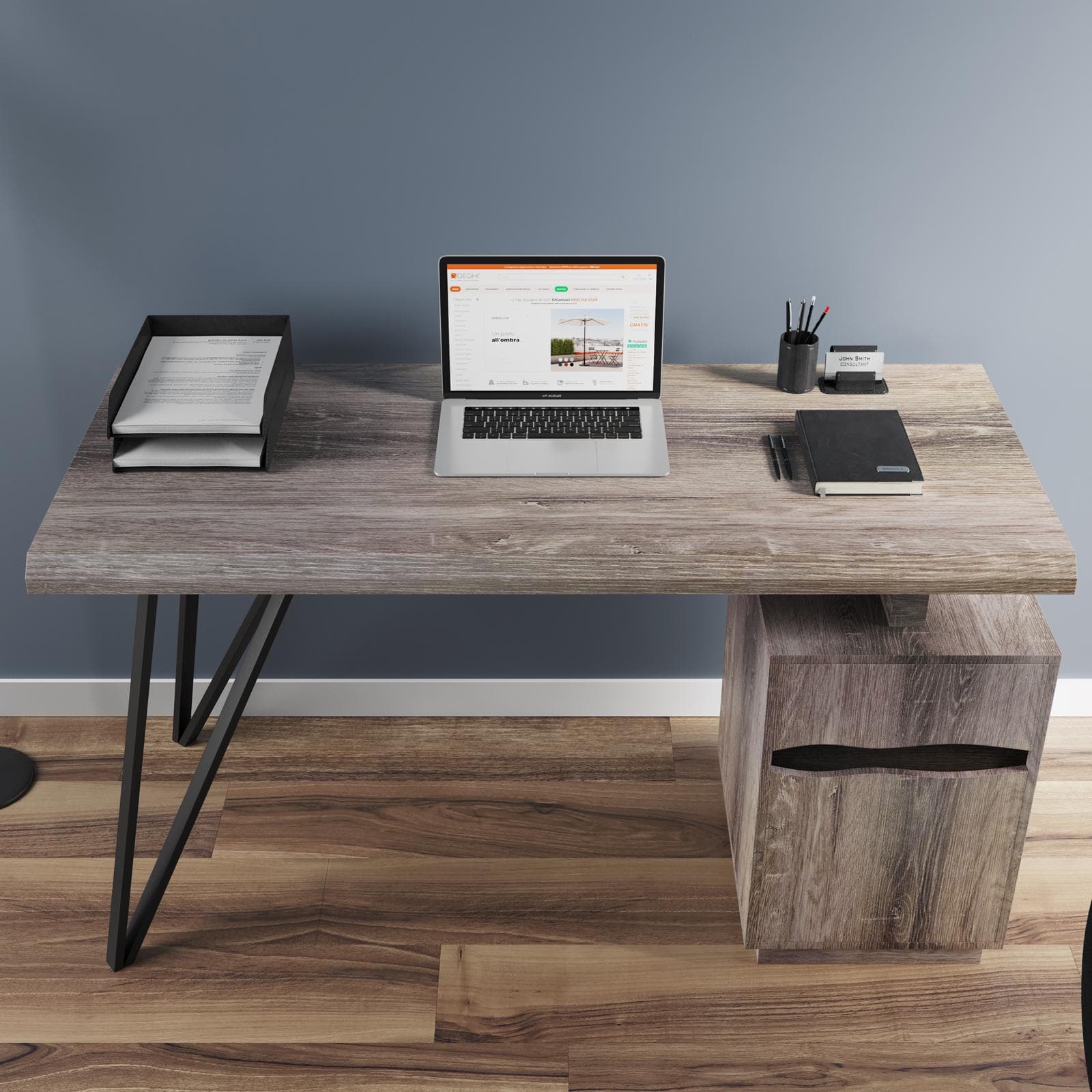 Scrivania 140x60 cm in legno scuro e gambe in acciaio nero con cassettiera integrata - Gomer