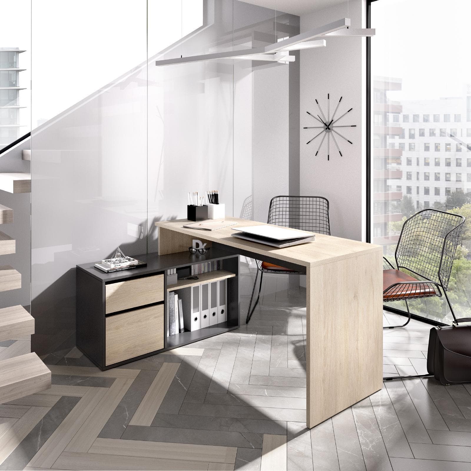 Scrivania reversibile 139x92 cm con mobile contenitore in legno naturale e grafite - Marnie