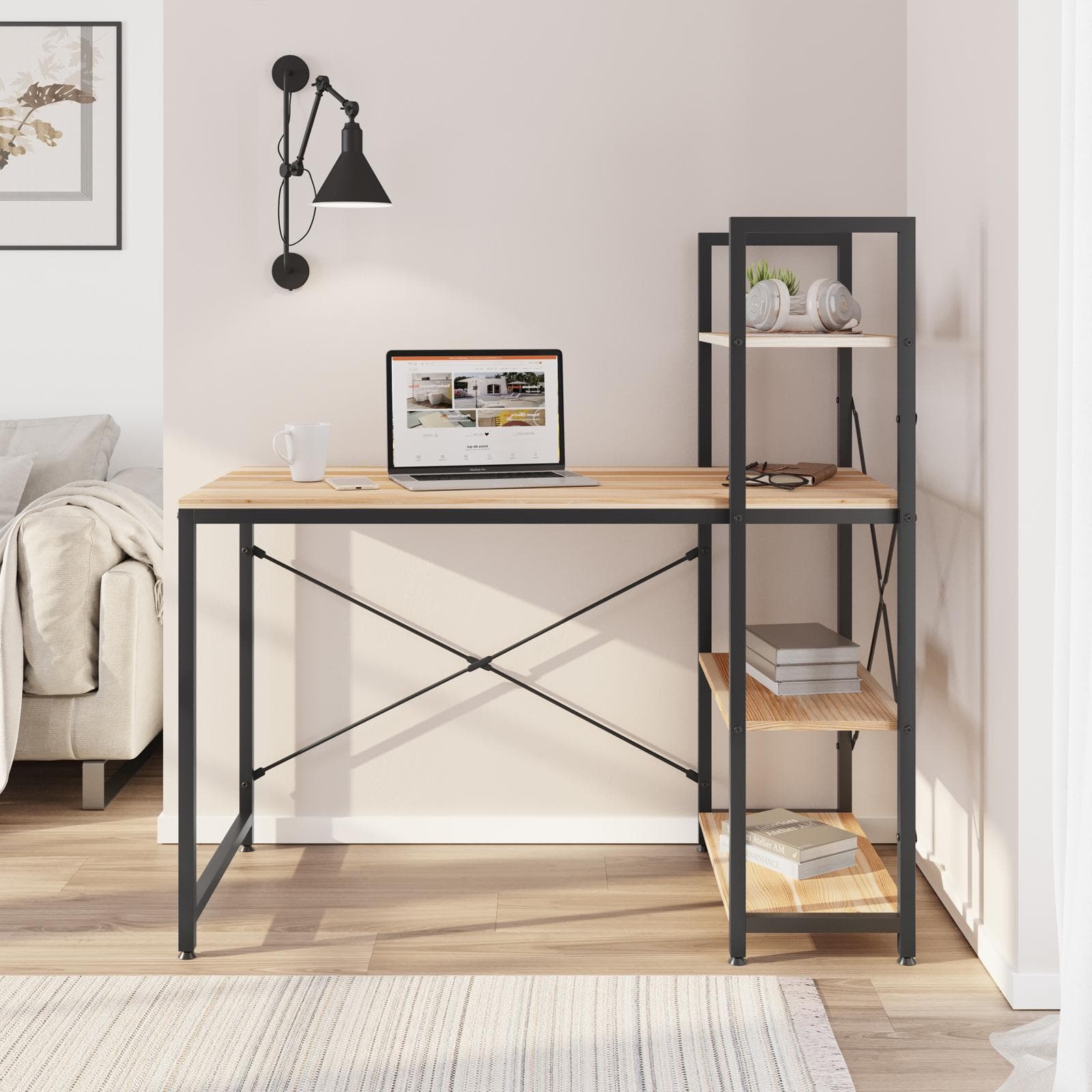 Scrivania 120x60 cm reversibile con top effetto rovere e libreria integrata h121 cm - Caio
