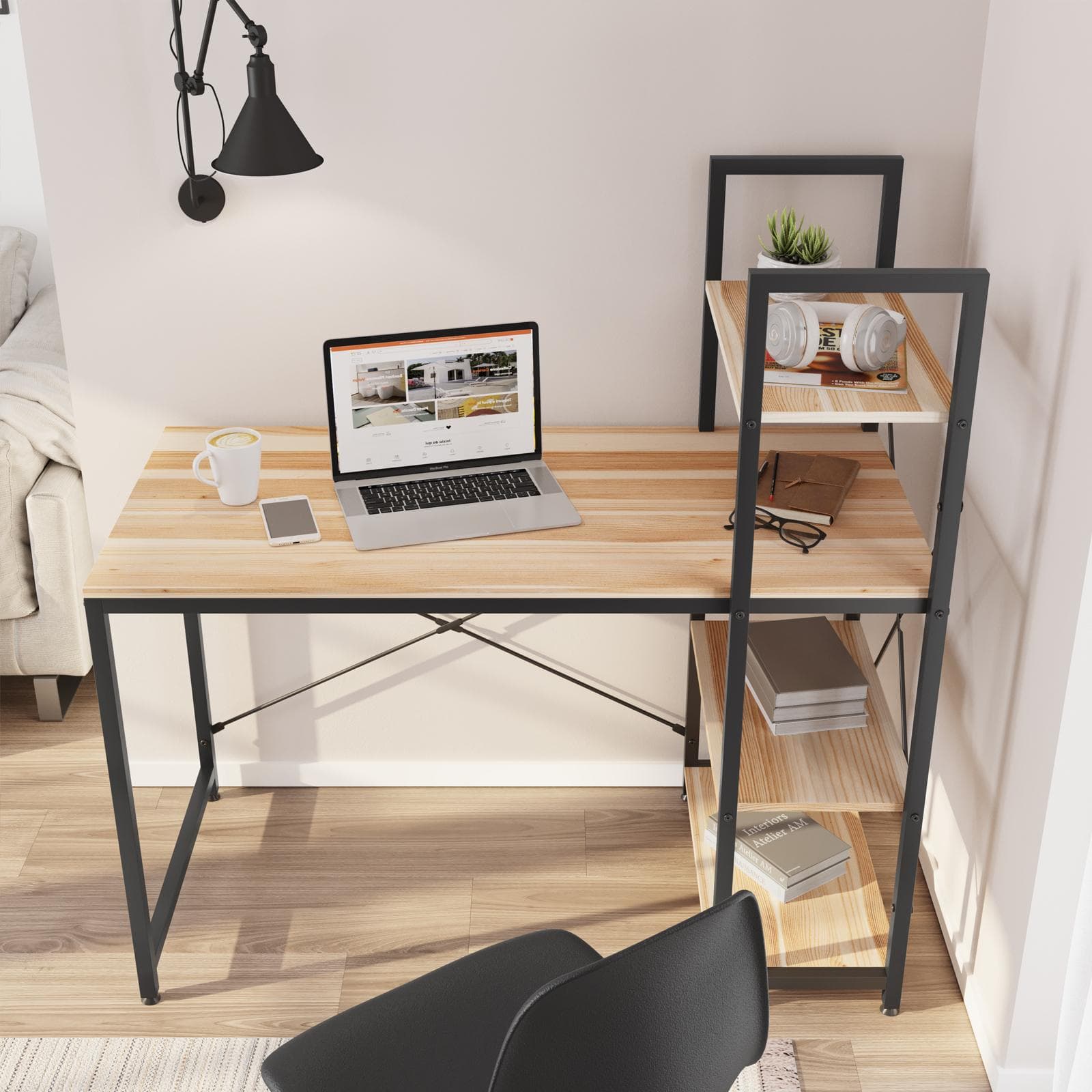 Scrivania 120x60 cm reversibile con top effetto rovere e libreria integrata h121 cm - Caio