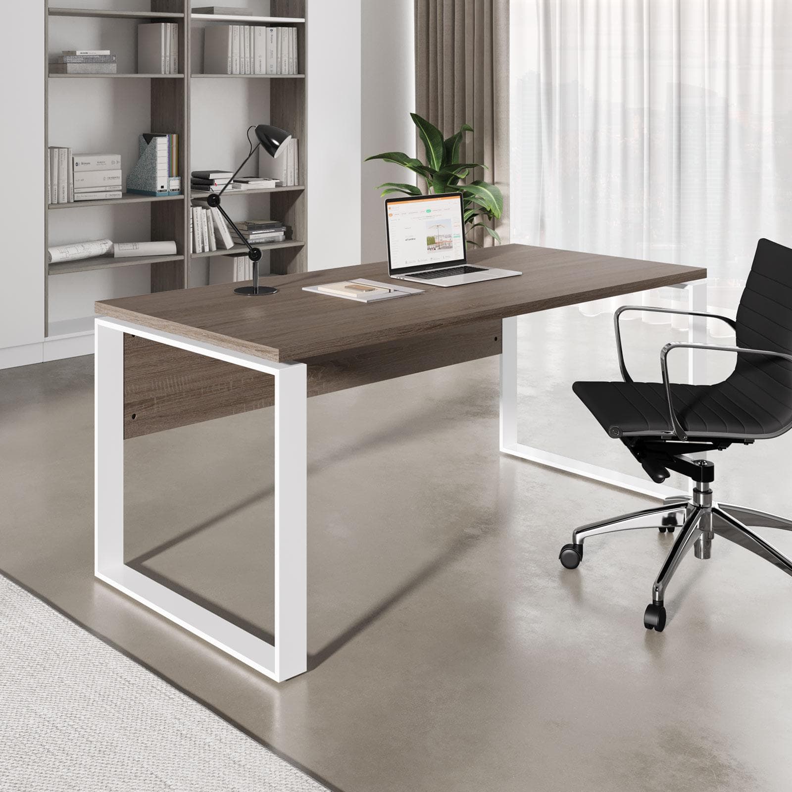 Scrivania 170x80 cm top rovere tartufo da 30 mm e gambe in metallo bianco - Homely office