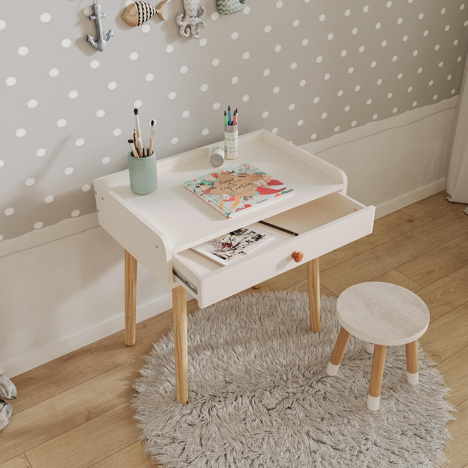 Scrivania per bambini 62x62h cm in legno naturale e bianco con 1 cassetto - Lollipop