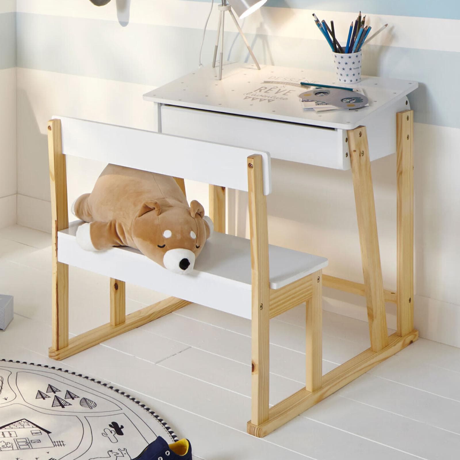 Scrivania con seduta integrata 64x79 cm in legno e bianco con contenitore sotto piano - Stardust