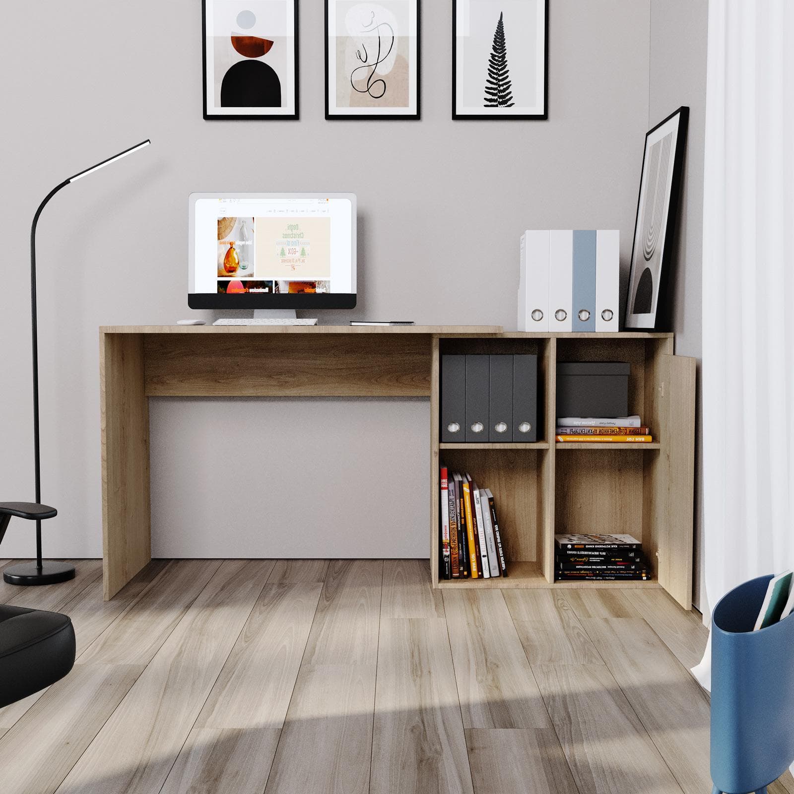 Scrivania reversibile 120-160x50-80 cm effetto rovere con vani contenitori - Deli