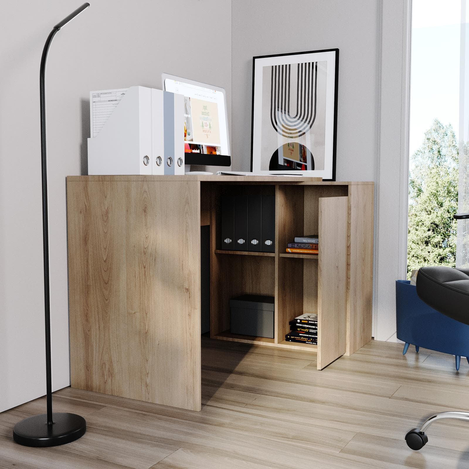 Scrivania reversibile 120-160x50-80 cm effetto rovere con vani contenitori - Deli