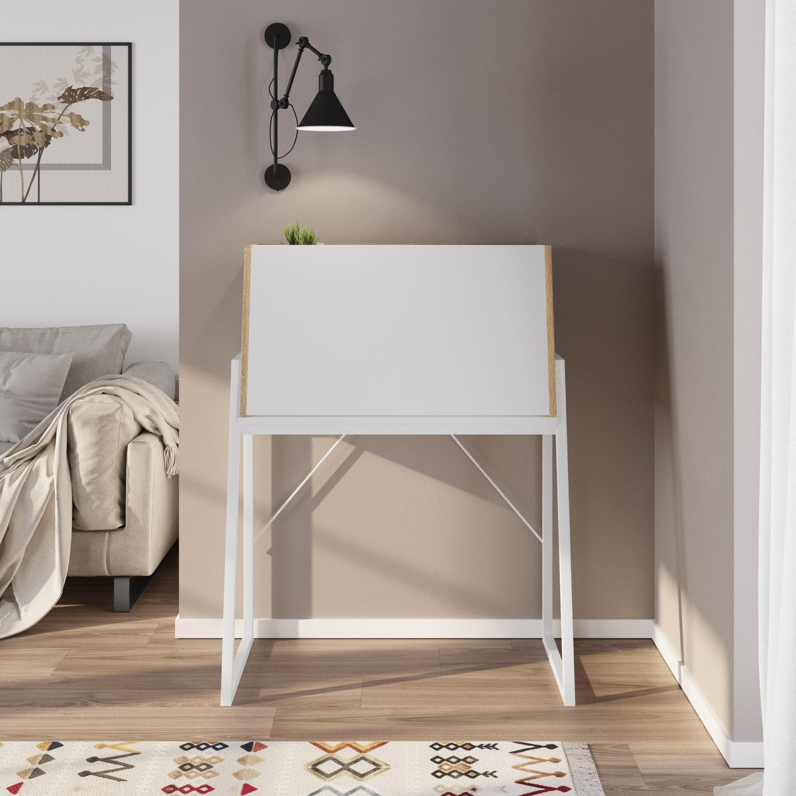 Scrivania salvaspazio 85x45 cm in legno rovere e bianco con piano richiudibile a ribalta e struttura in acciaio - Linus