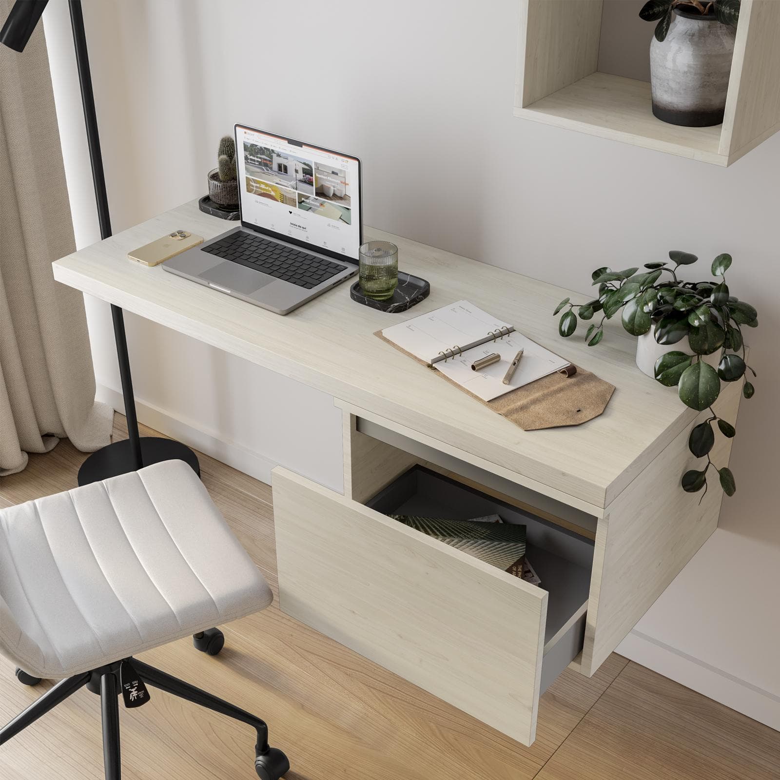 Scrivania sospesa 100-140x50 cm top 38 mm rovere bianco e cassetto - Nasus