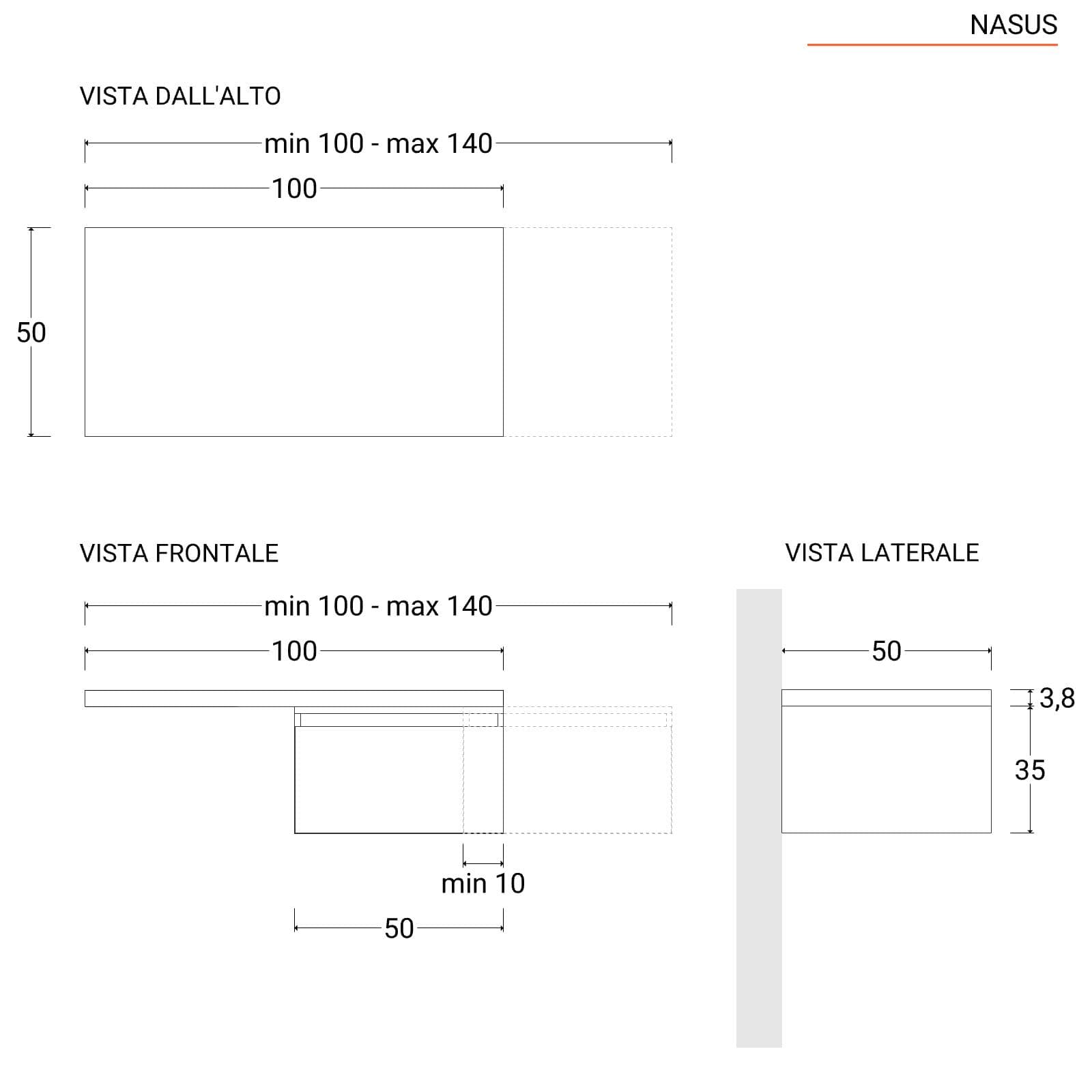 Scrivania sospesa 100-140x50 cm top 38 mm rovere bianco e cassetto - Nasus