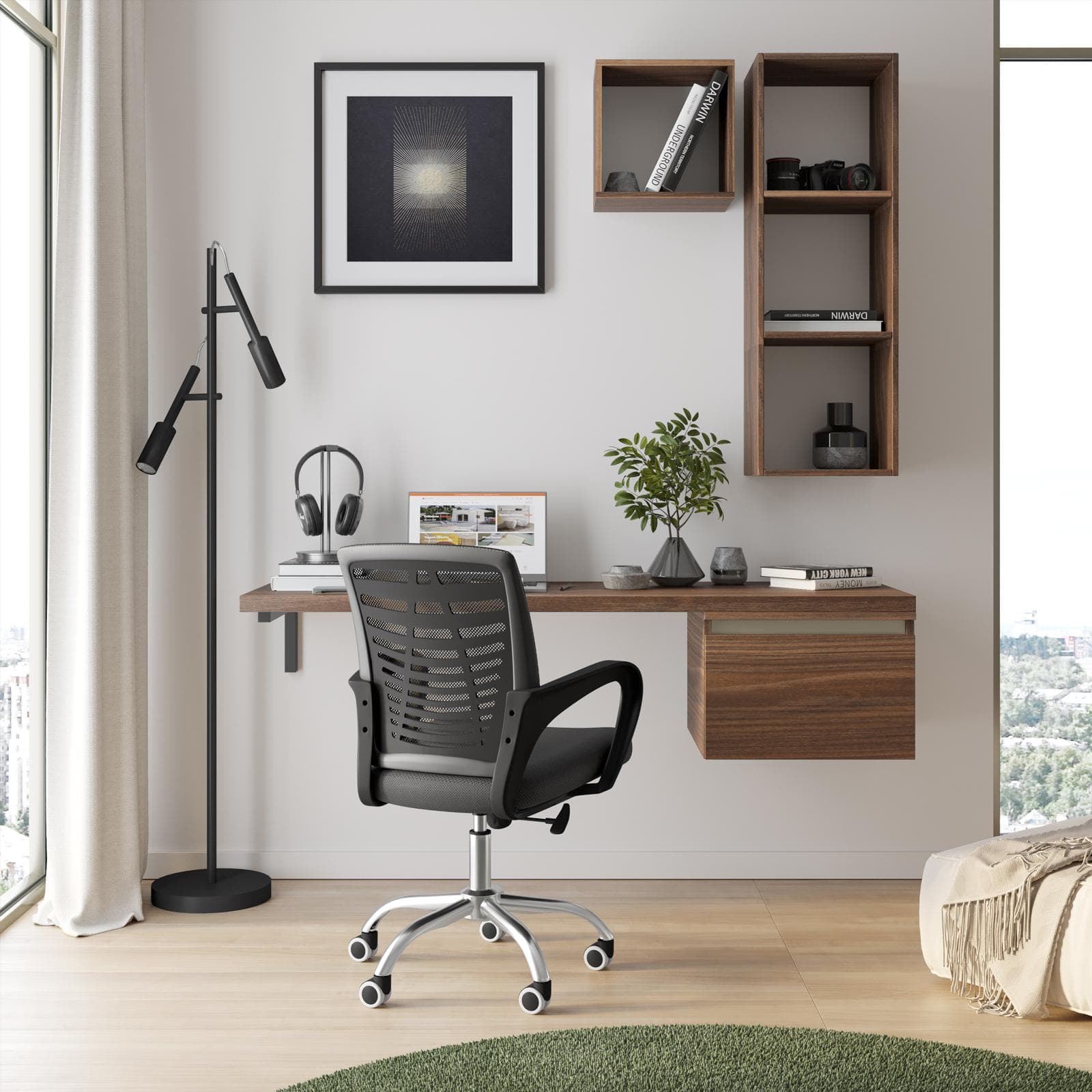 Scrivania sospesa 140-180x50 cm top 38 mm rovere deciso con cassetto - Nasus