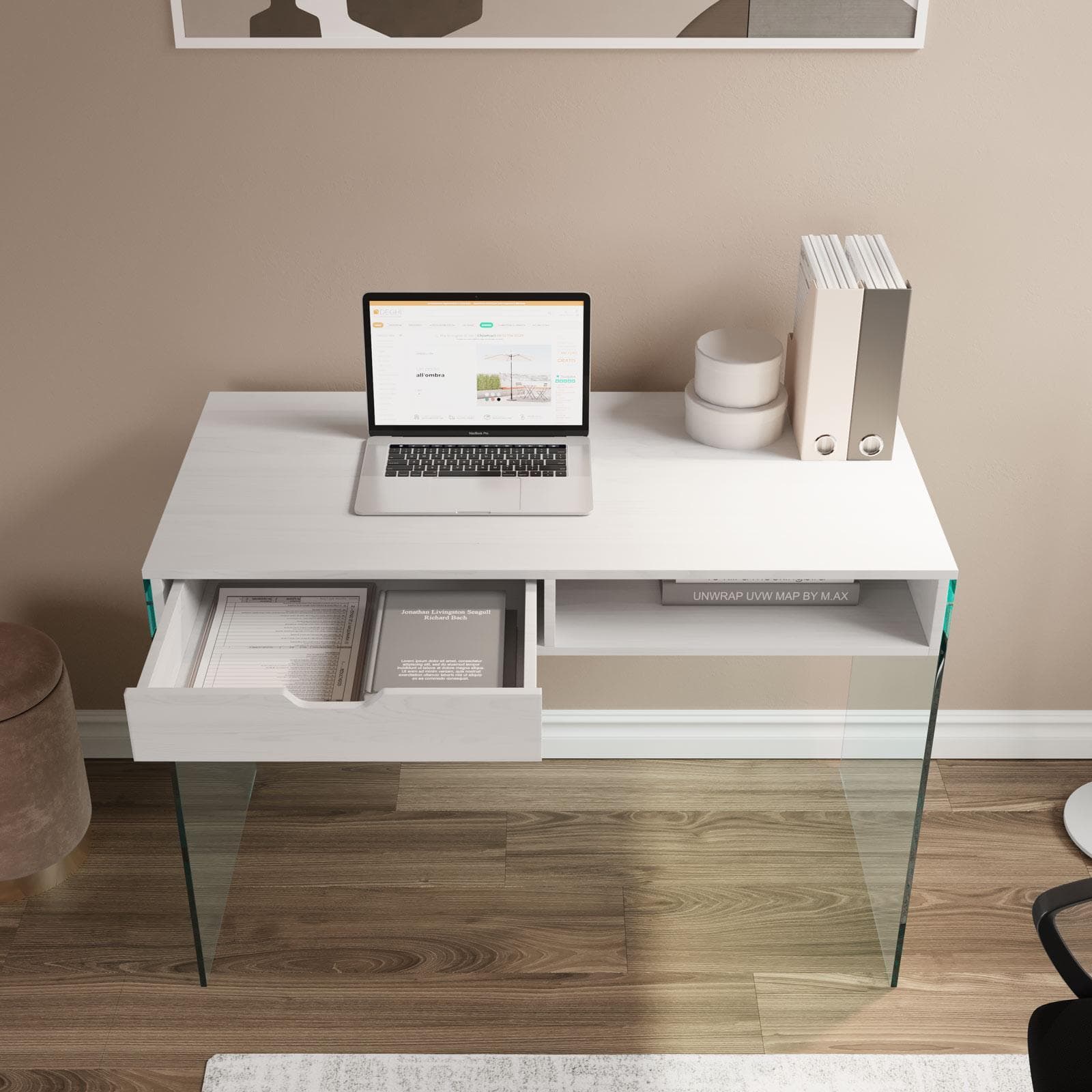 Scrivania 110x55 cm in legno bianco con cassetto e vano a giorno e gambe in vetro temperato - Metropolis