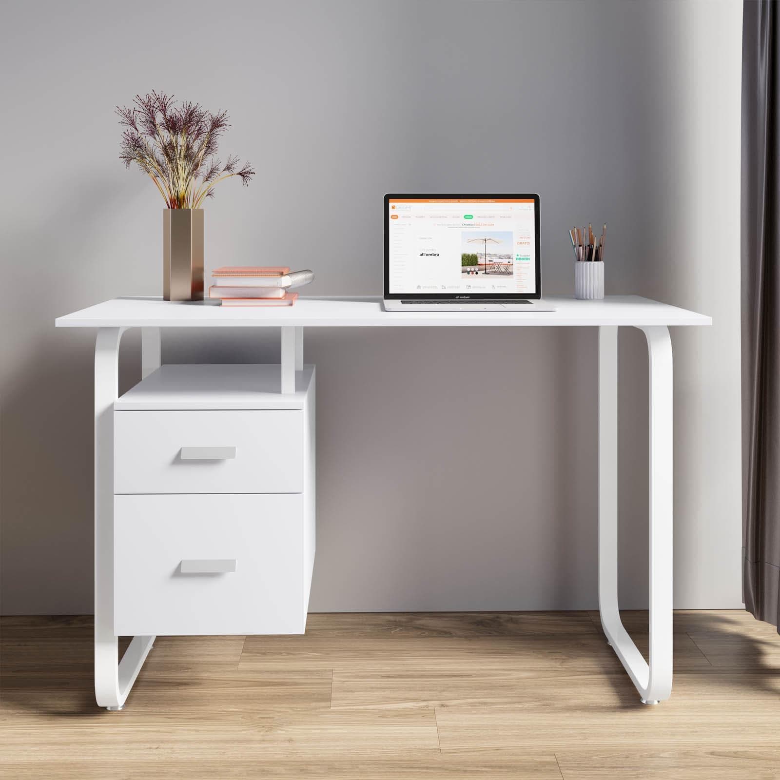 Scrivania 120x60 cm in legno e acciaio bianco con cassettiera integrata - Franz