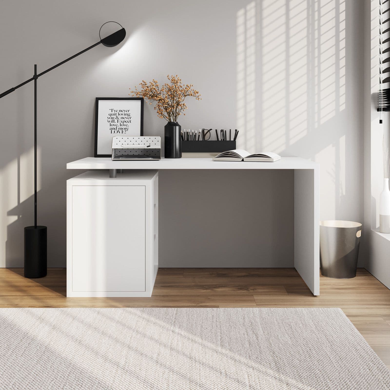 Scrivania reversibile 140x70 cm in legno bianco lucido con mobile contenitore con vani a giorno e anta - Wells