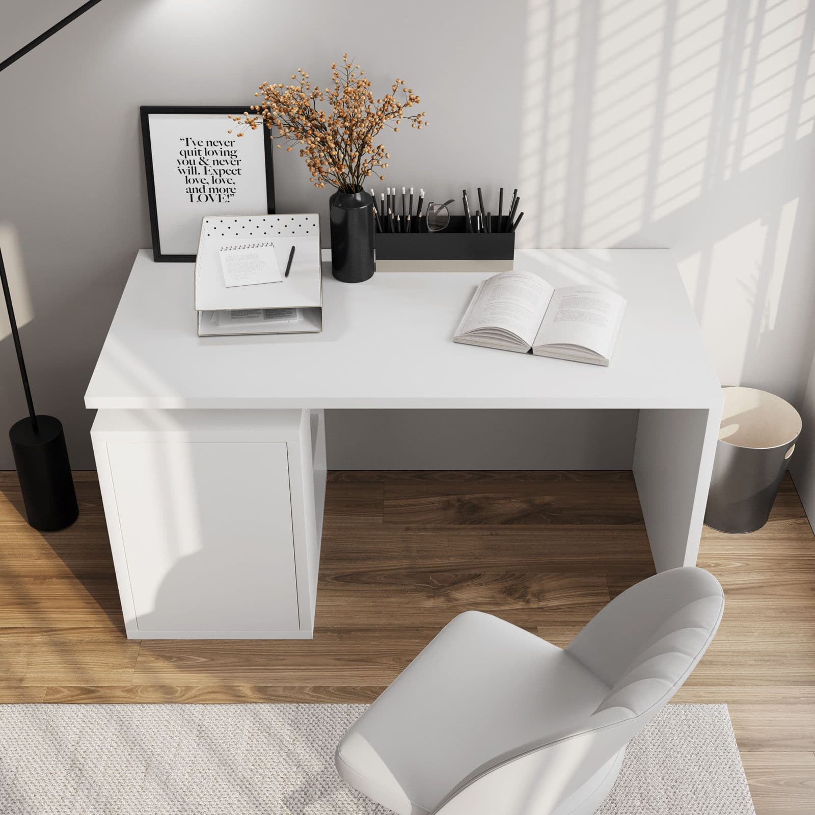 Scrivania reversibile 140x70 cm in legno bianco lucido con mobile contenitore con vani a giorno e anta - Wells