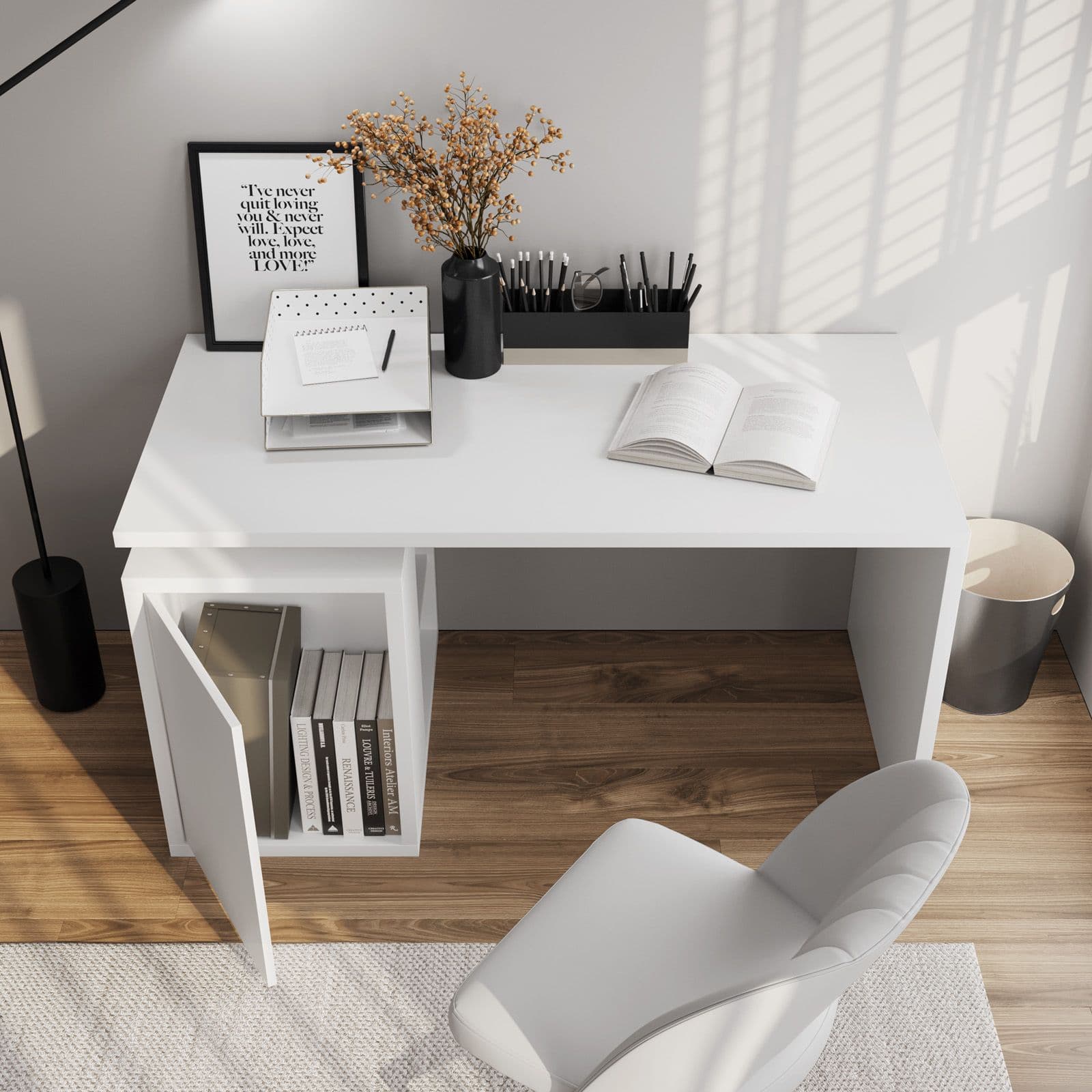 Scrivania reversibile 140x70 cm in legno bianco lucido con mobile contenitore con vani a giorno e anta - Wells
