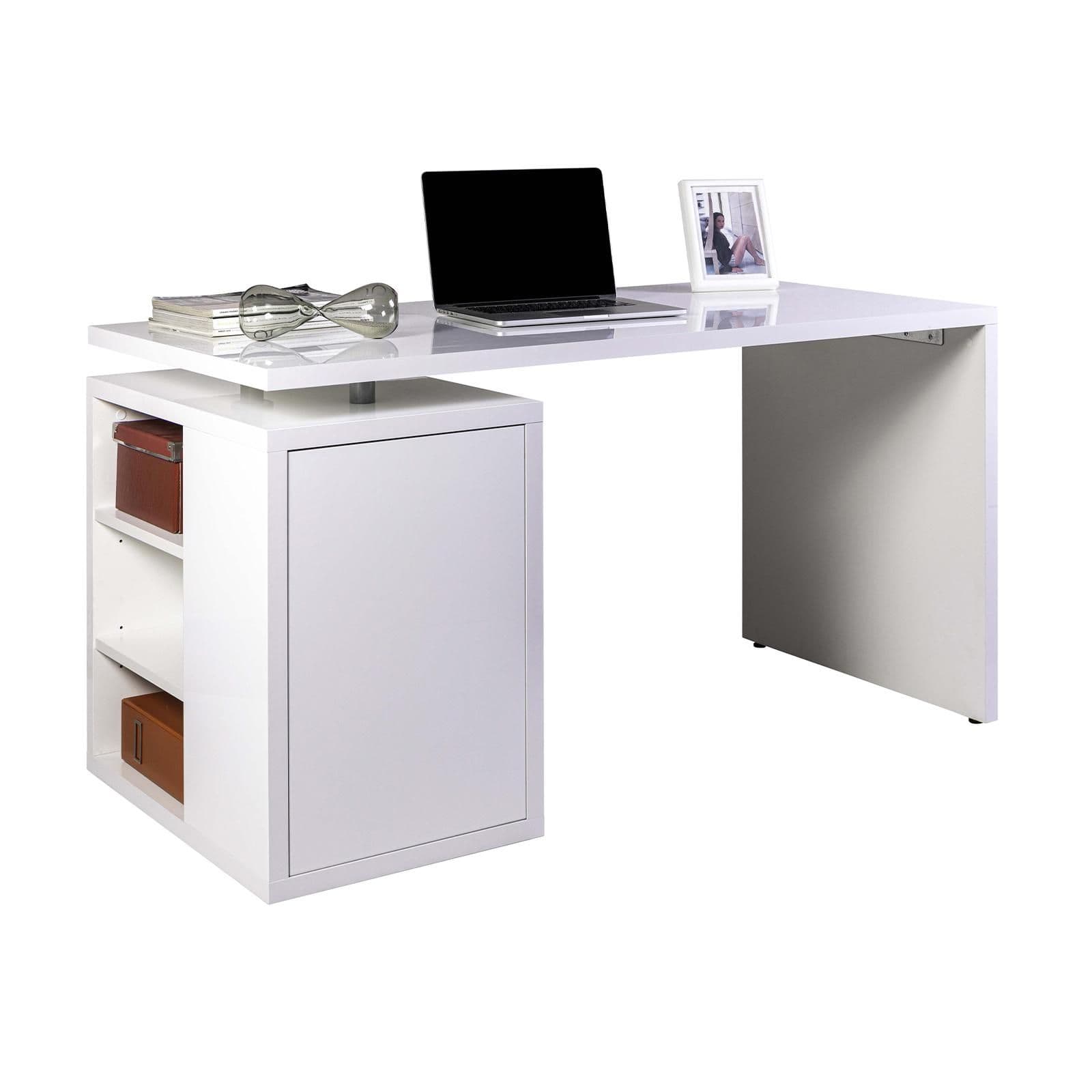 Scrivania reversibile 140x70 cm in legno bianco lucido con mobile contenitore con vani a giorno e anta - Wells