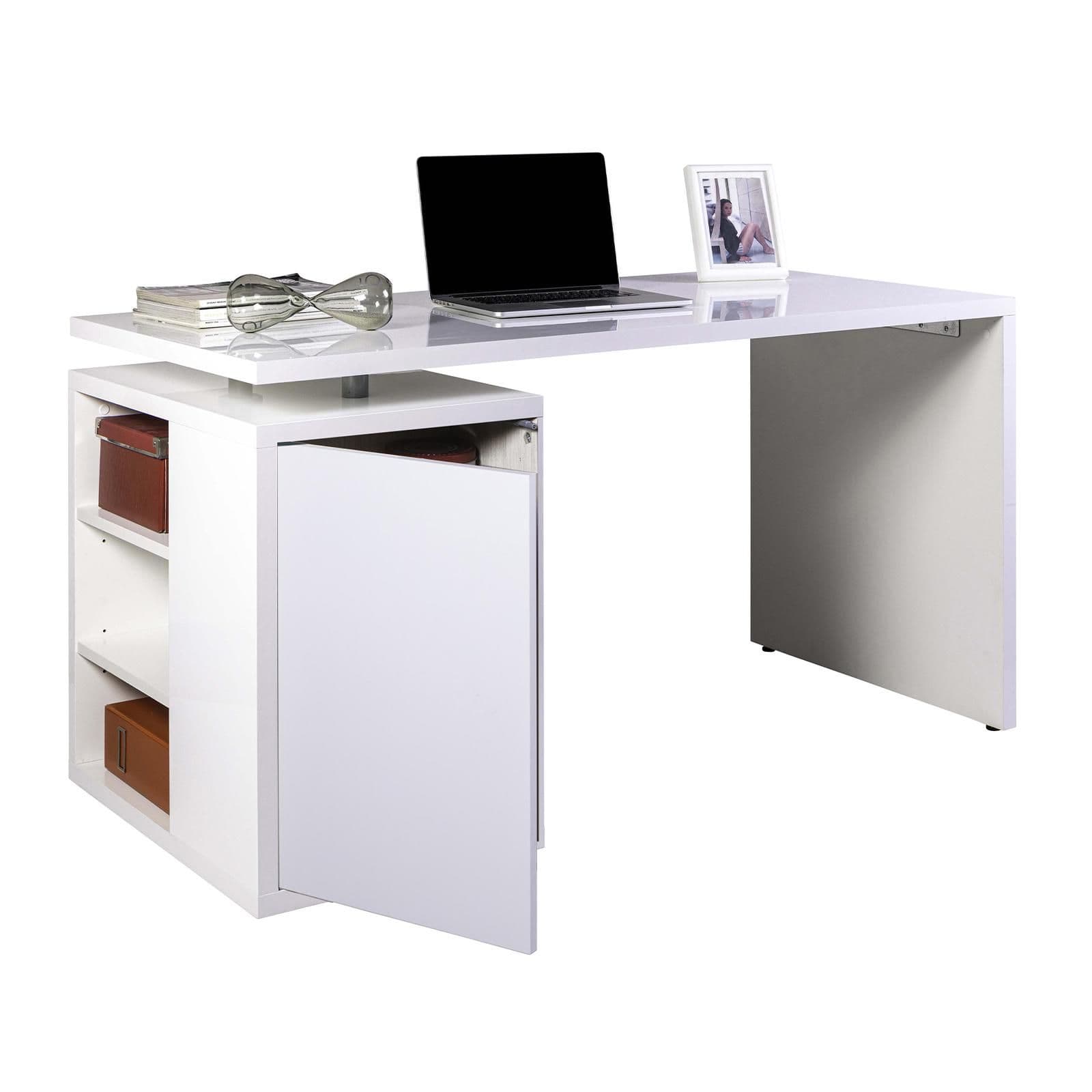 Scrivania reversibile 140x70 cm in legno bianco lucido con mobile contenitore con vani a giorno e anta - Wells