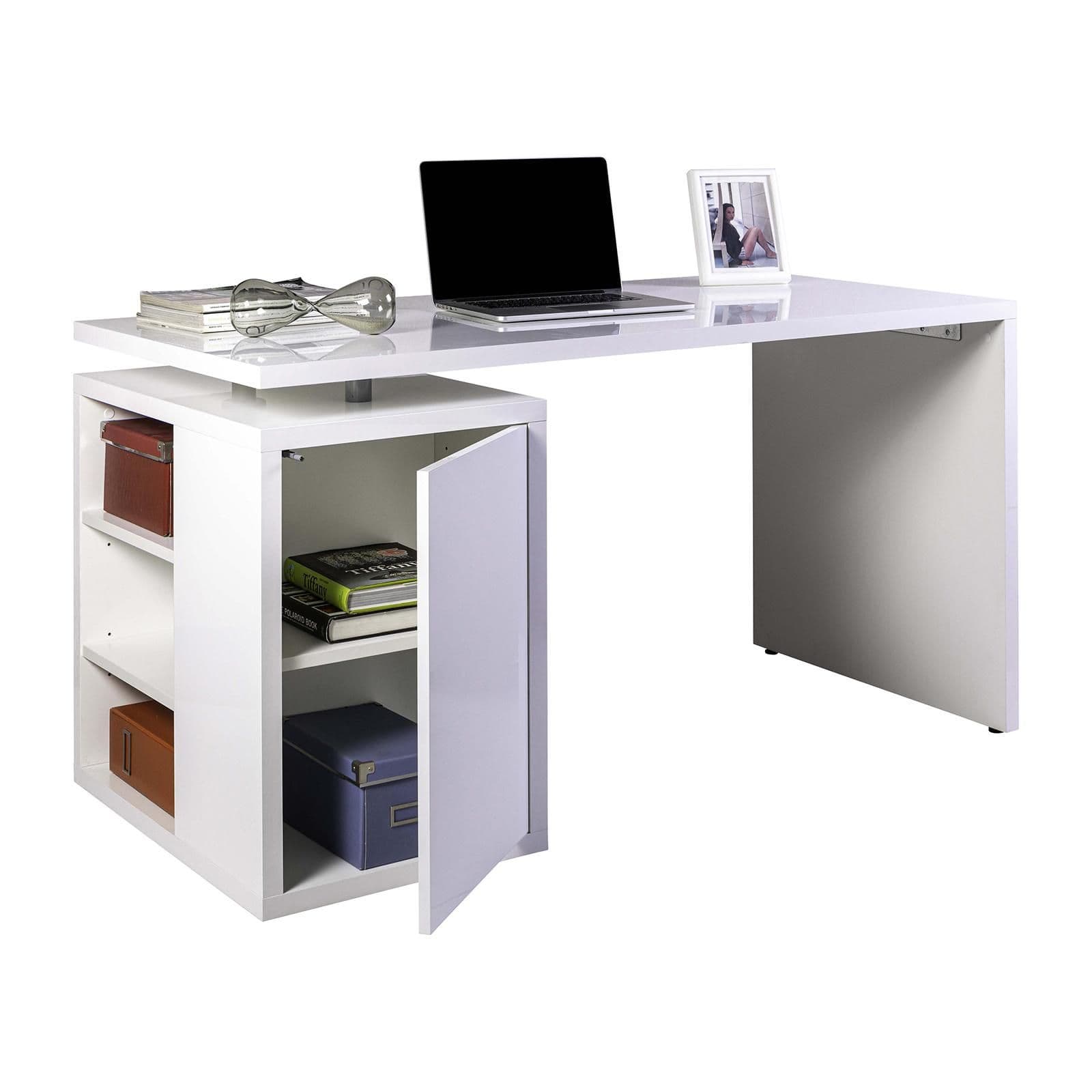 Scrivania reversibile 140x70 cm in legno bianco lucido con mobile contenitore con vani a giorno e anta - Wells