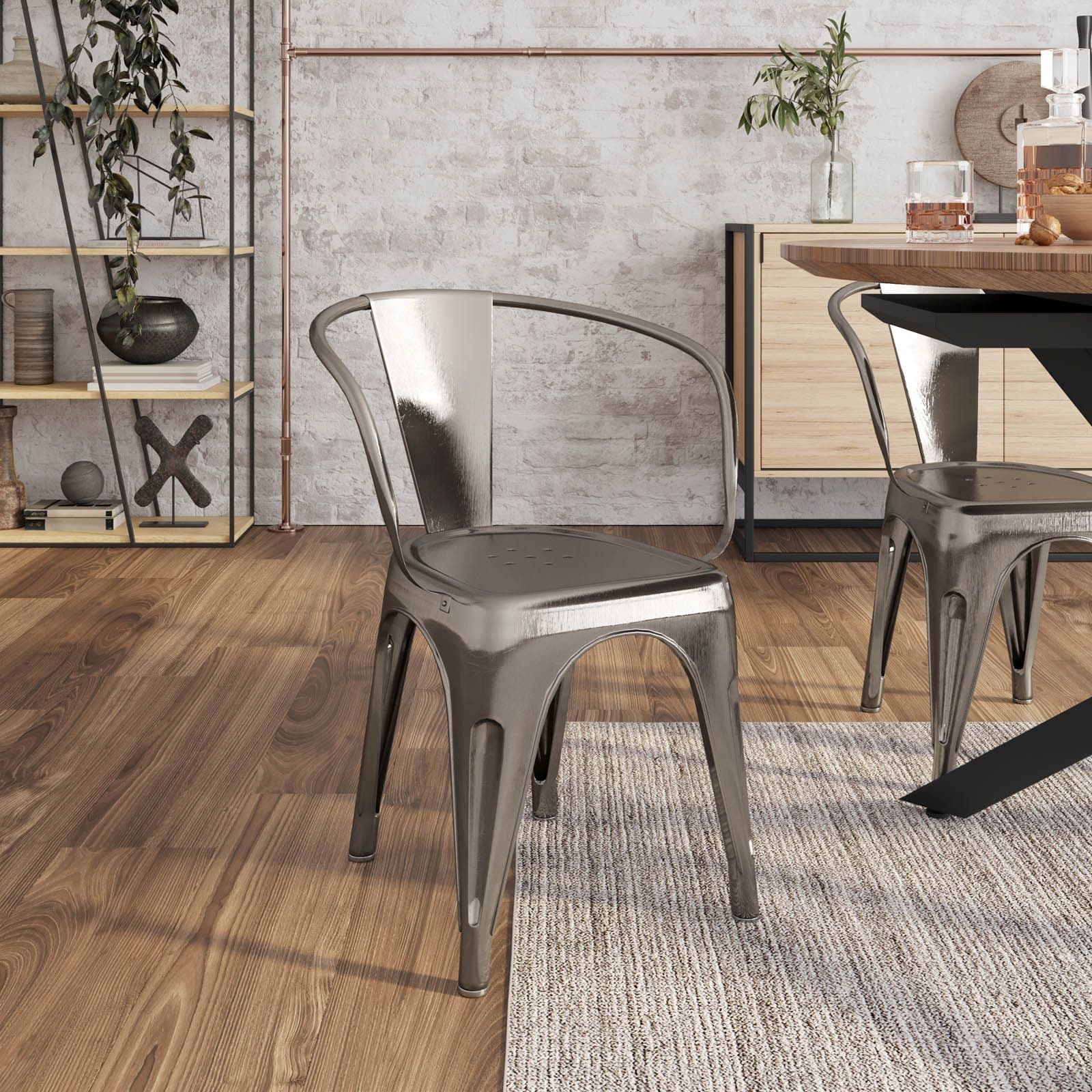 Sedia con braccioli impilabile stile industrial grigio spazzolato - Farley