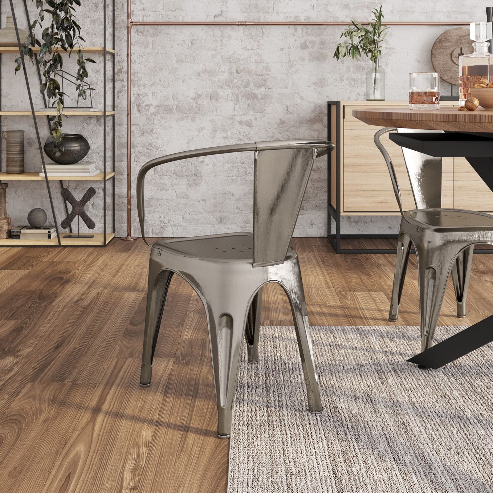 Sedia con braccioli impilabile stile industrial grigio spazzolato - Farley