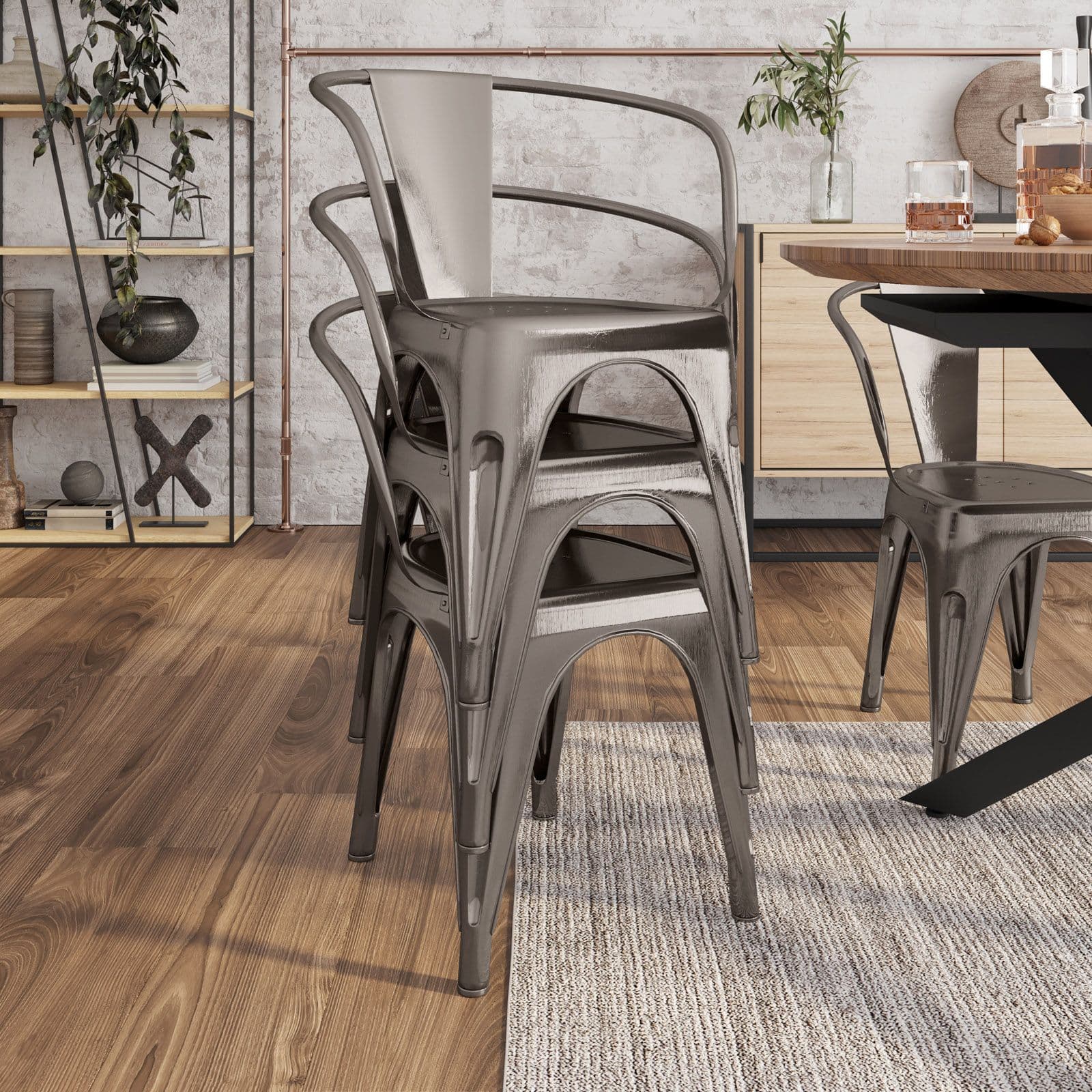 Sedia con braccioli impilabile stile industrial grigio spazzolato - Farley