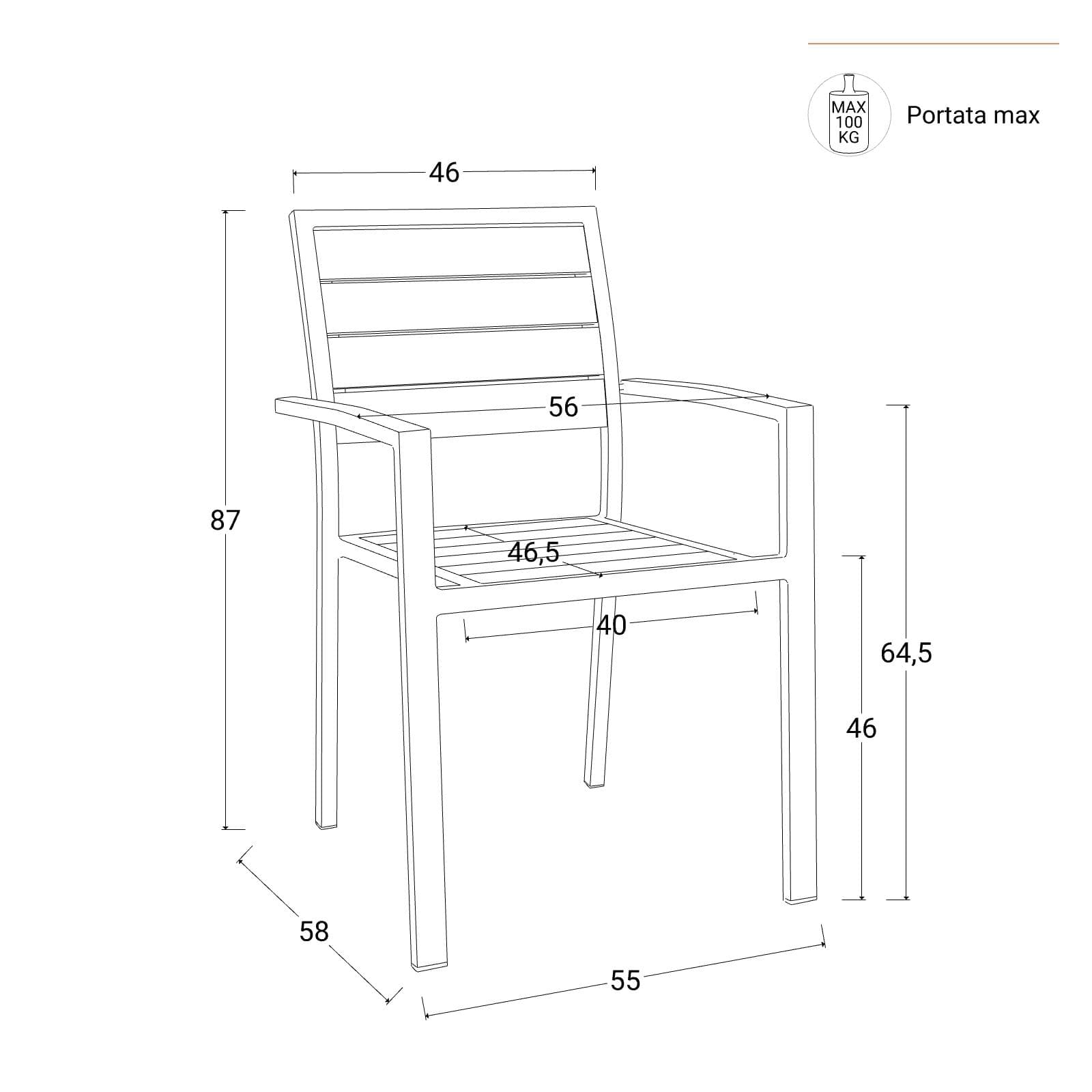 Sedia da esterno con braccioli in alluminio antracite e doghe effetto legno miele - Carioca Wood
