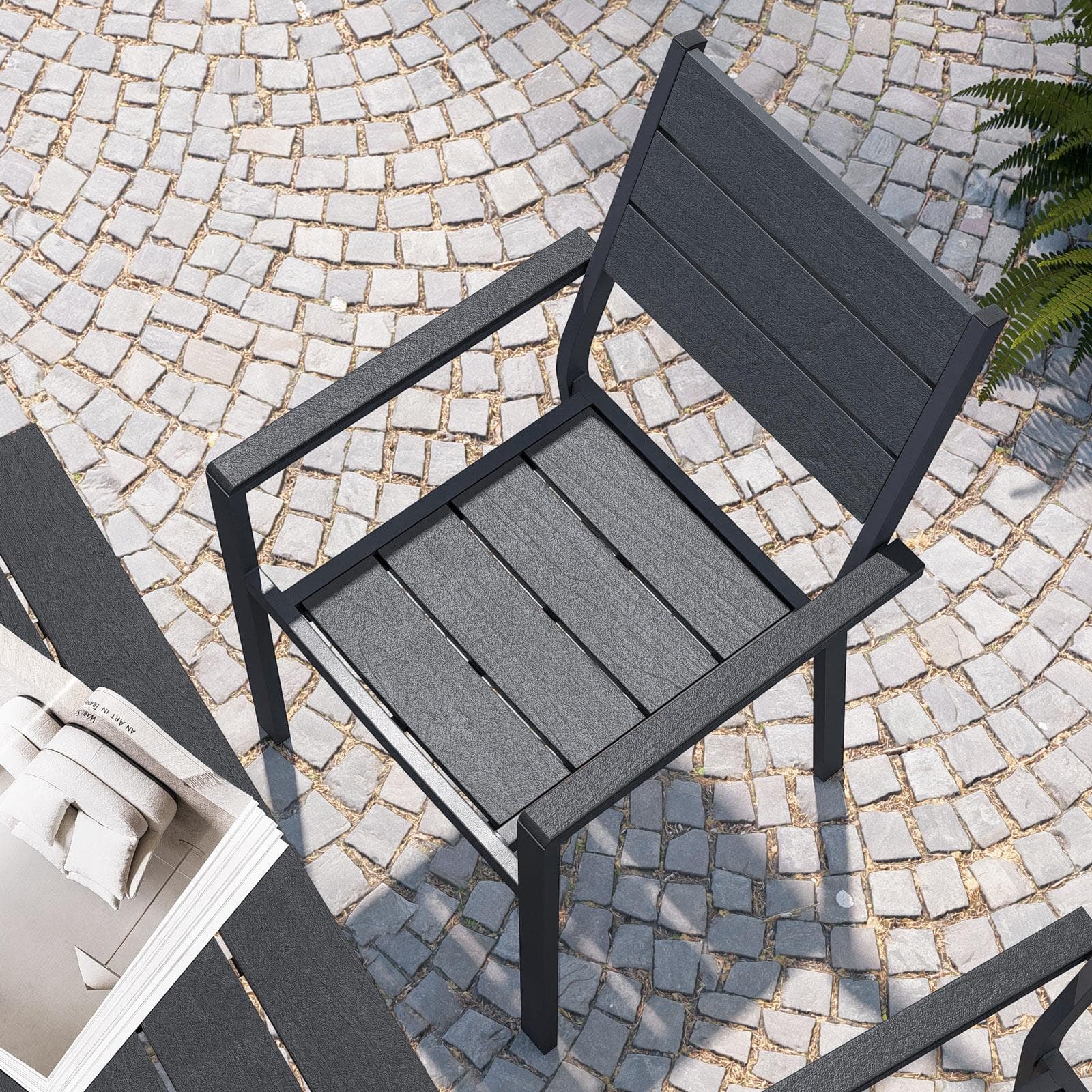 Sedia da giardino con braccioli impilabile in acciaio e doghe in resina grigio - Ritrovo
