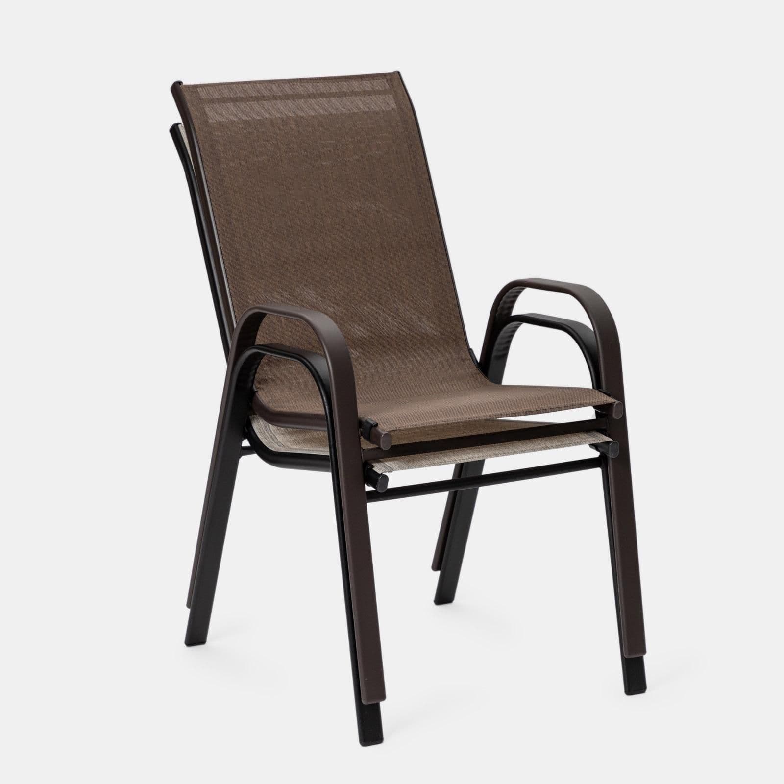 Sedia con braccioli impilabile in acciaio e textilene marrone - Ninfa