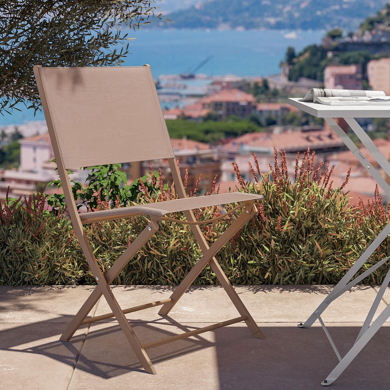 Sedia da giardino pieghevole in acciaio beige e textilene tortora - Iuba