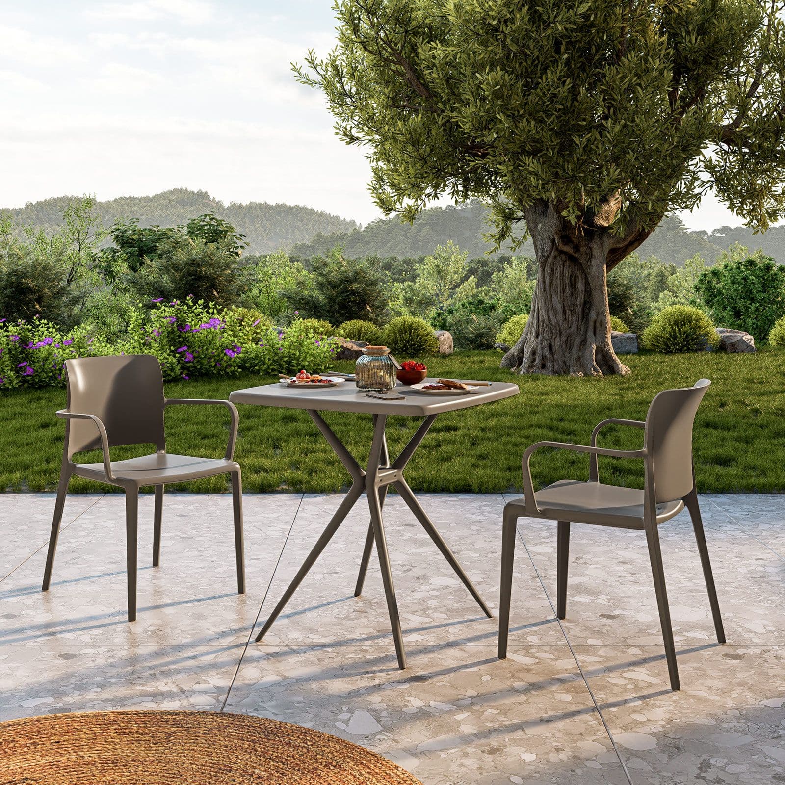 Sedia da giardino squadrata con braccioli in polipropilene cacao - Vitta