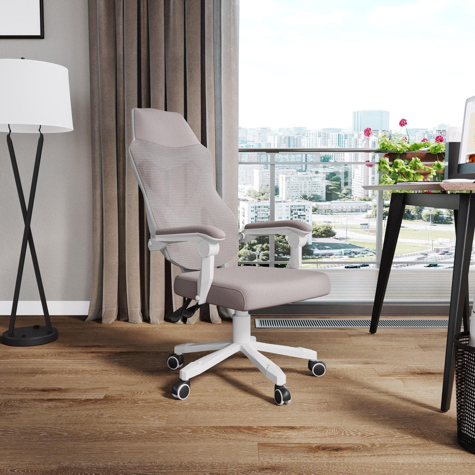 Sedia da ufficio girevole in tessuto mesh grigio con schienale traspirante e poggiatesta - Feliz