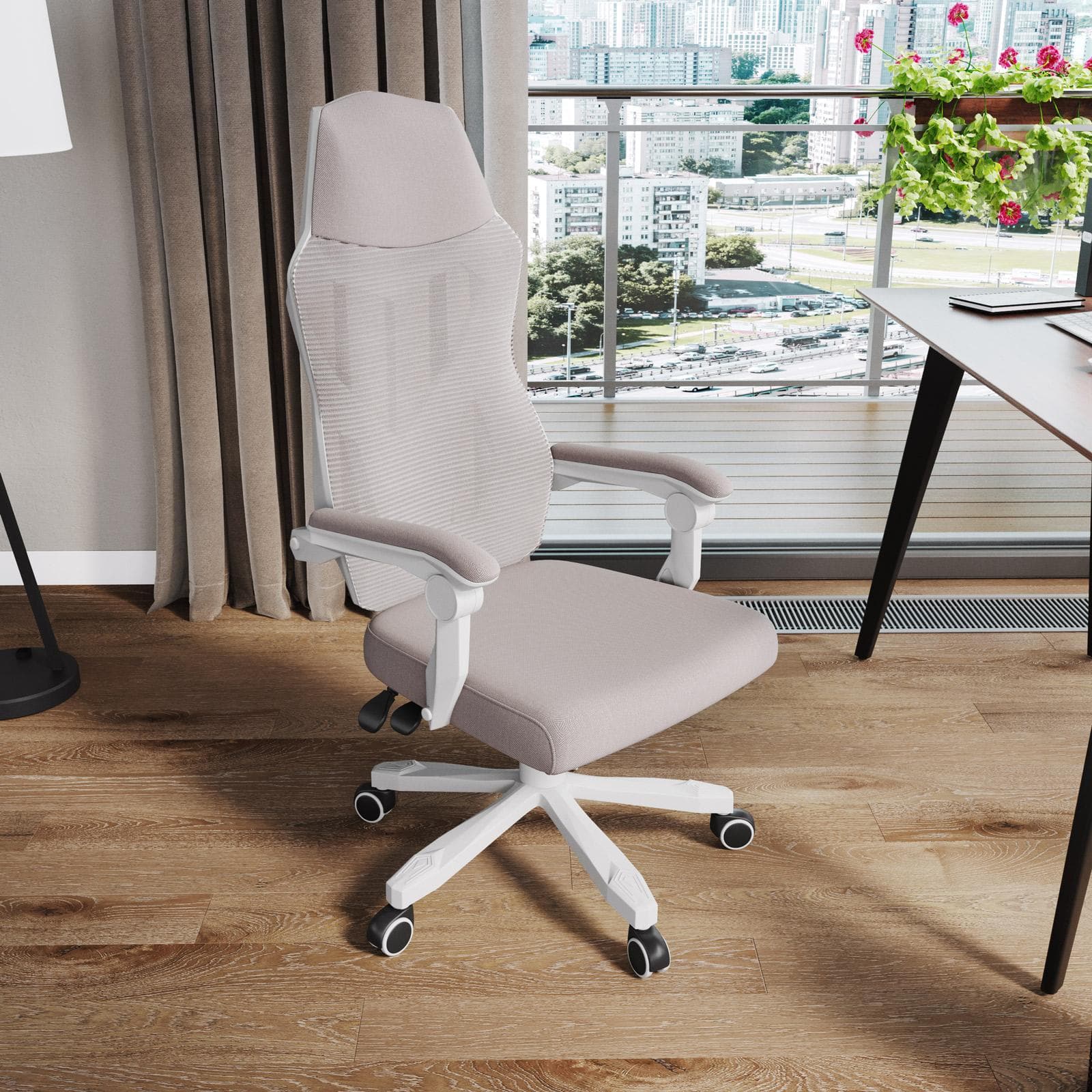 Sedia da ufficio girevole in tessuto mesh grigio con schienale traspirante e poggiatesta - Feliz