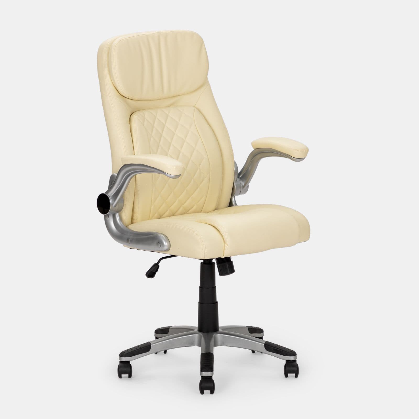 Poltrona da ufficio girevole imbottita in similpelle beige con base e braccioli satinati - Collin