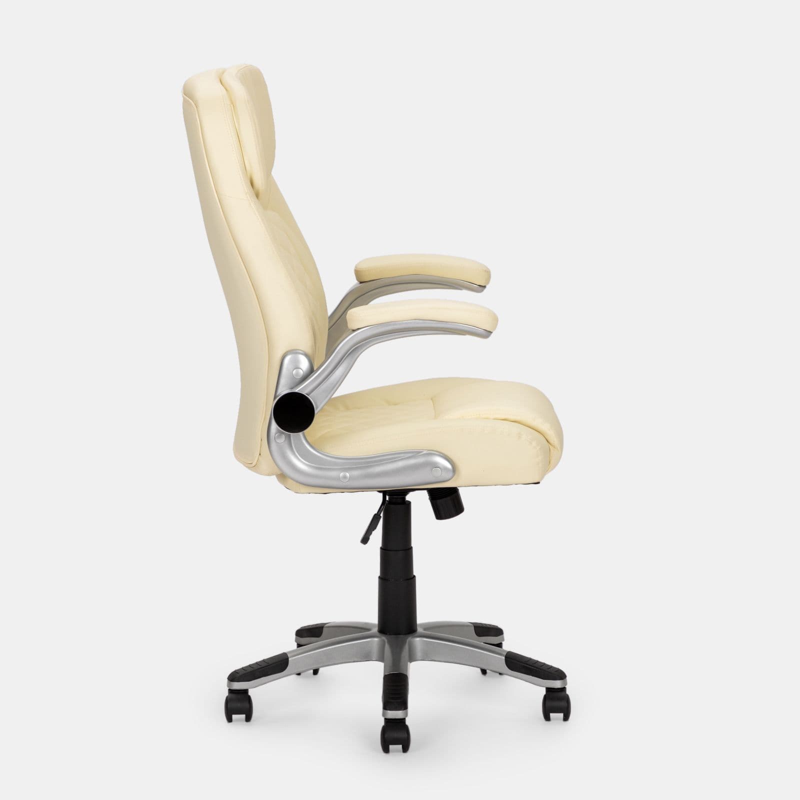 Poltrona da ufficio girevole imbottita in similpelle beige con base e braccioli satinati - Collin