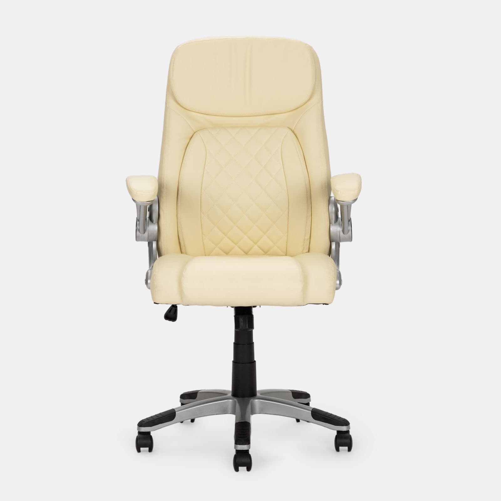 Poltrona da ufficio girevole imbottita in similpelle beige con base e braccioli satinati - Collin